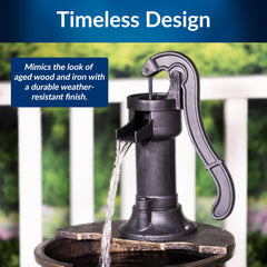 Alpine Corporation vintage pump spout pouring water showing soothing waterfall sound