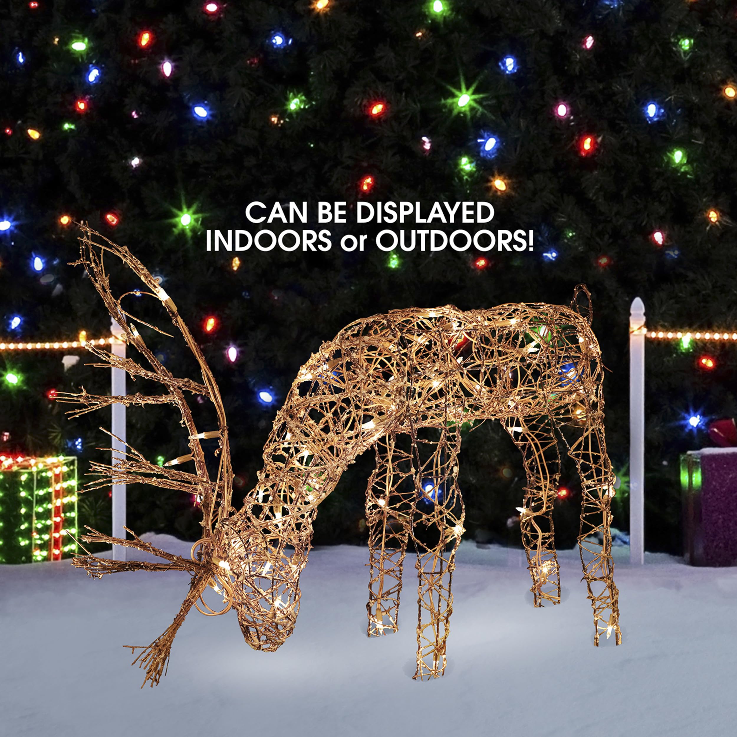 Alpine Corporation reindeer placed in garden setting creating welcoming holiday ambience