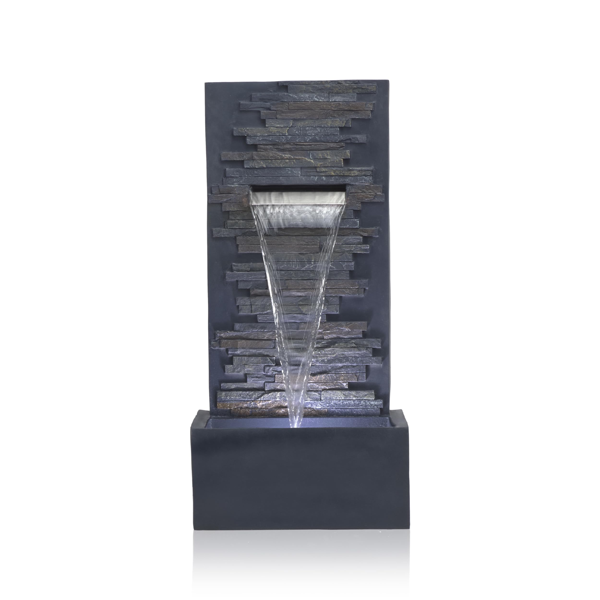 Alpine Corporation fountain next to chair showing size and scale for small spaces