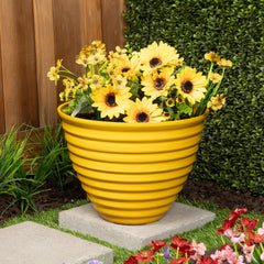 Alpine Corporation front view of yellow ribbed planter showing shape and color for curb appeal