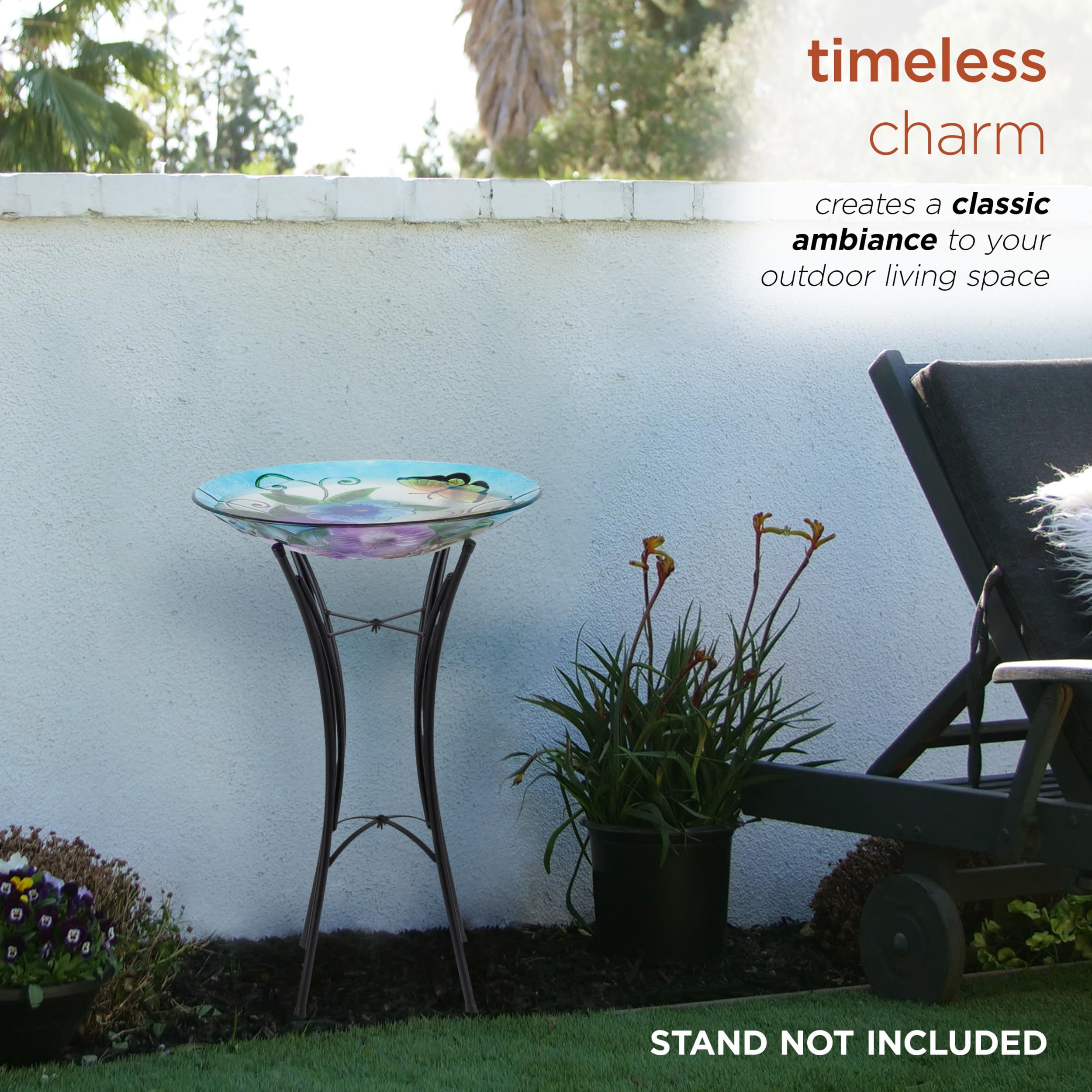 Alpine Corporation birdbath in use with a small bird bathing, attracting wildlife to your yard