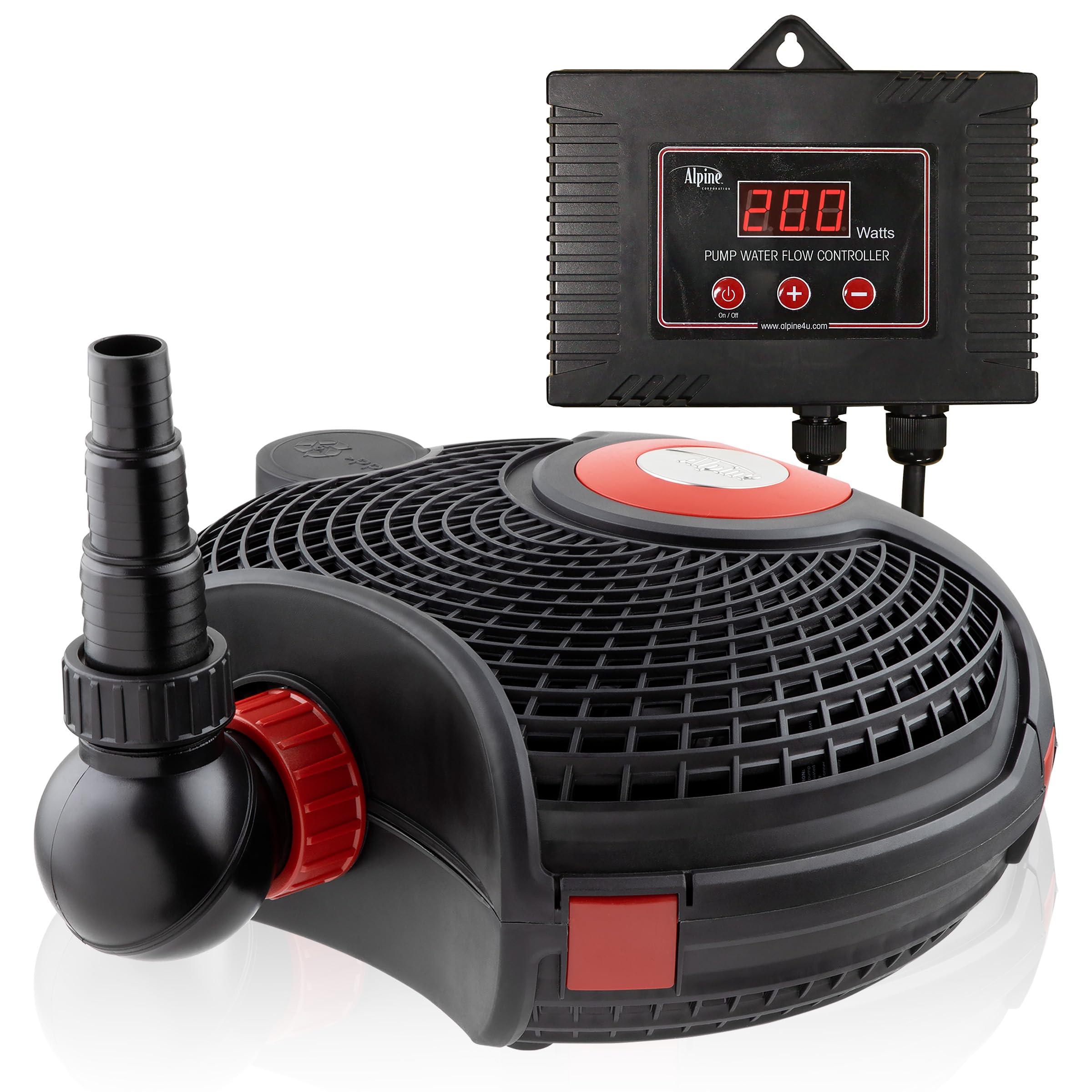 Alpine Corporation front view of Eco-Sphere pump showing compact durable housing and high flow