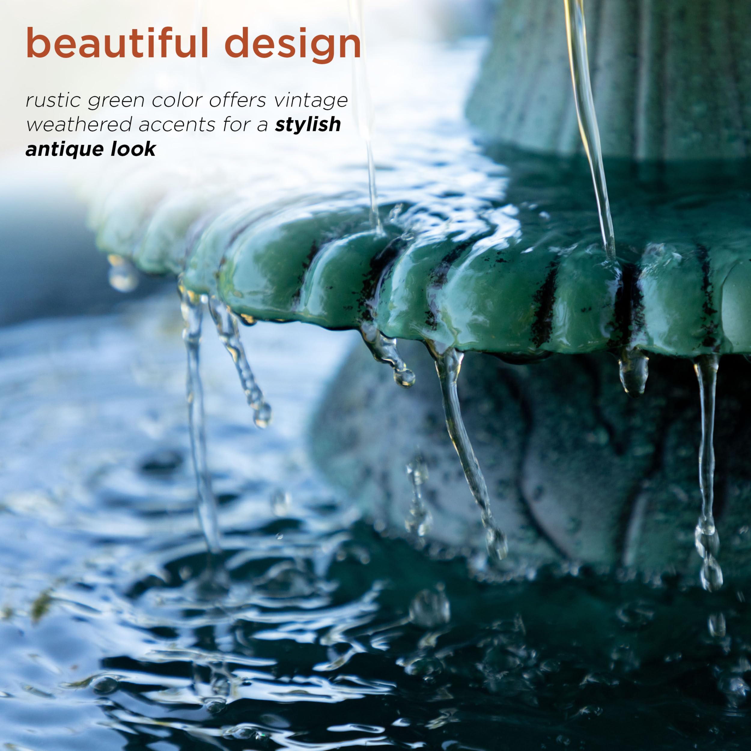 Alpine Corporation fountain placed in garden among plants adding visual interest and natural ambiance