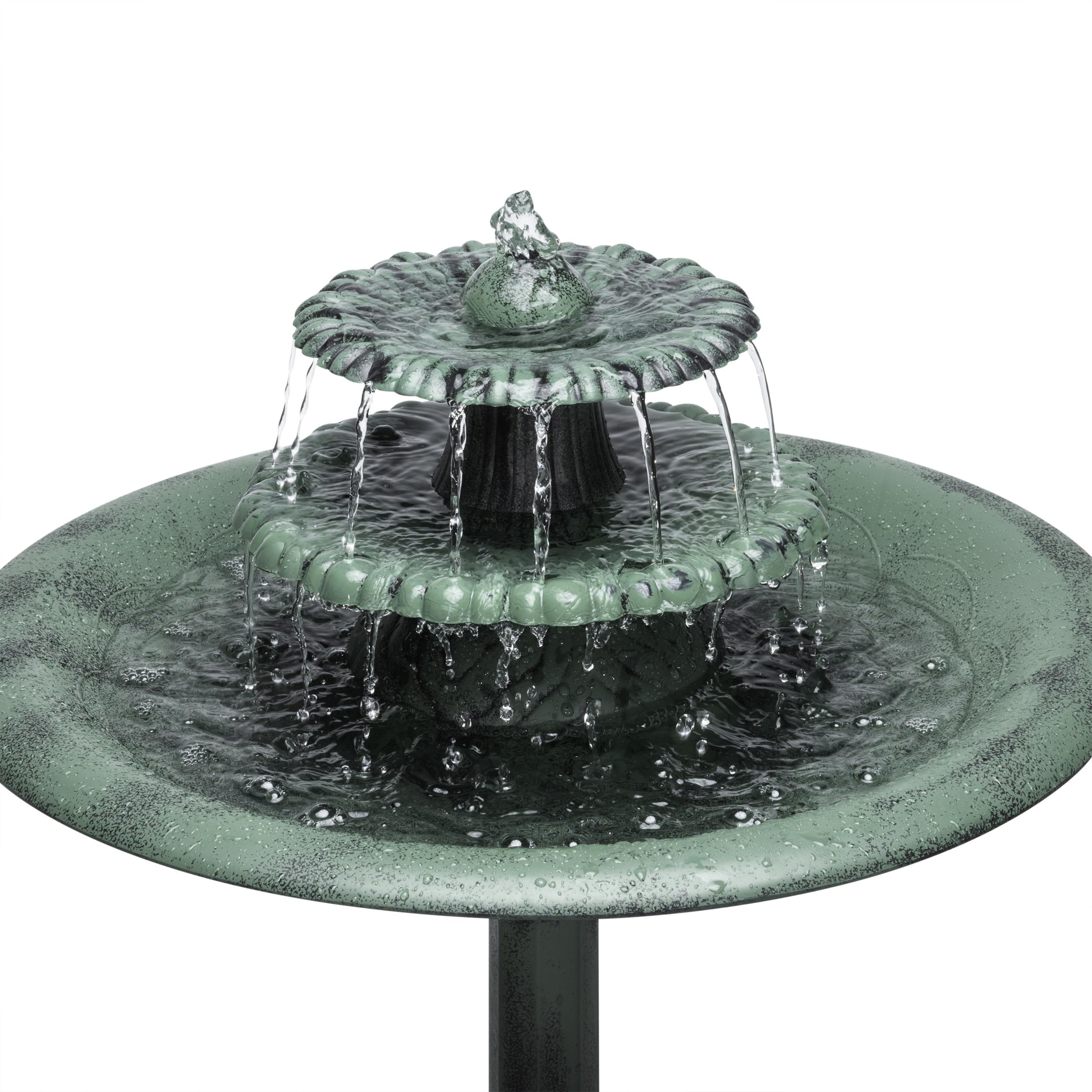 Alpine Corporation fountain next to chair for scale showing compact height fits small spaces