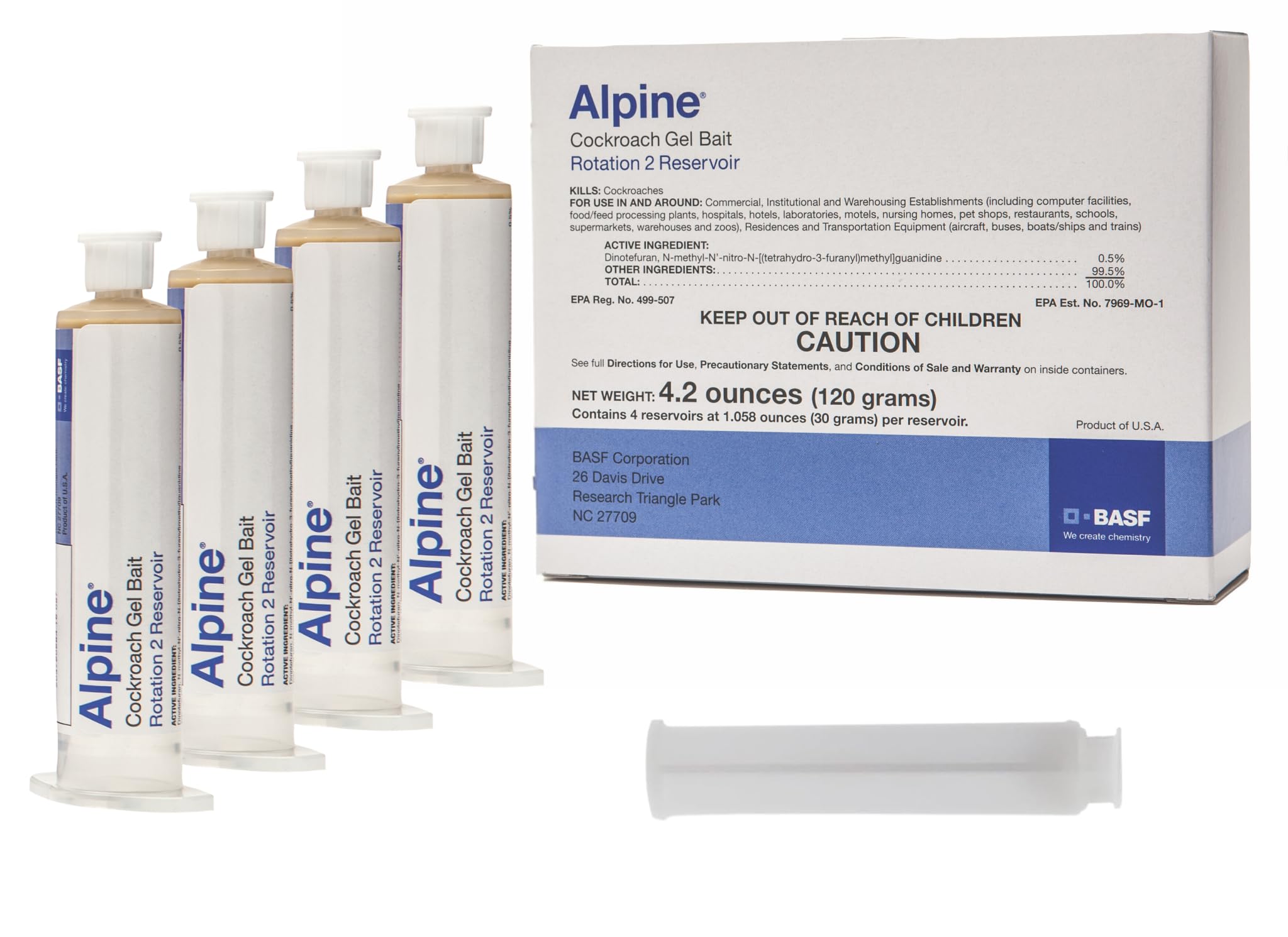 Alpine front packaging showing four 30 g tubes and professional roach control benefits