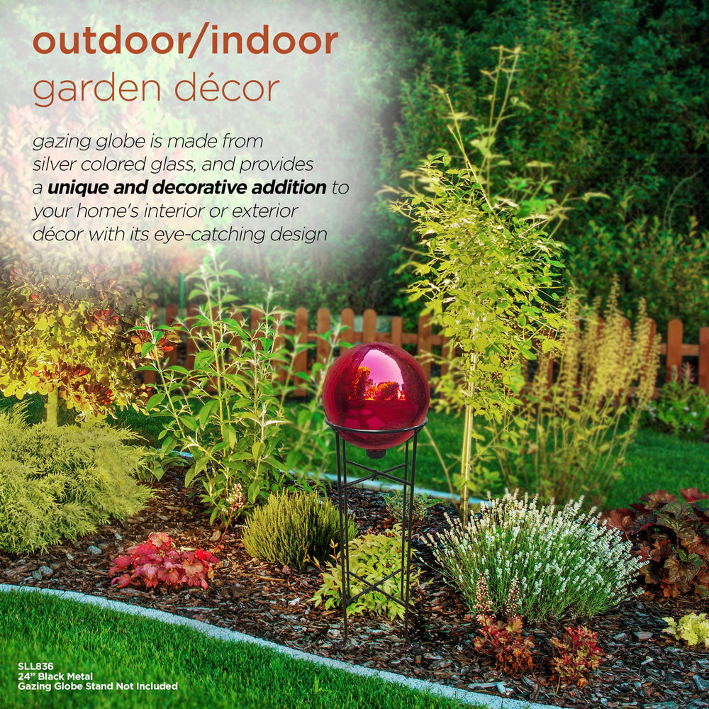 Alpine Corporation red sphere nestled in a garden bed enhancing plant colors