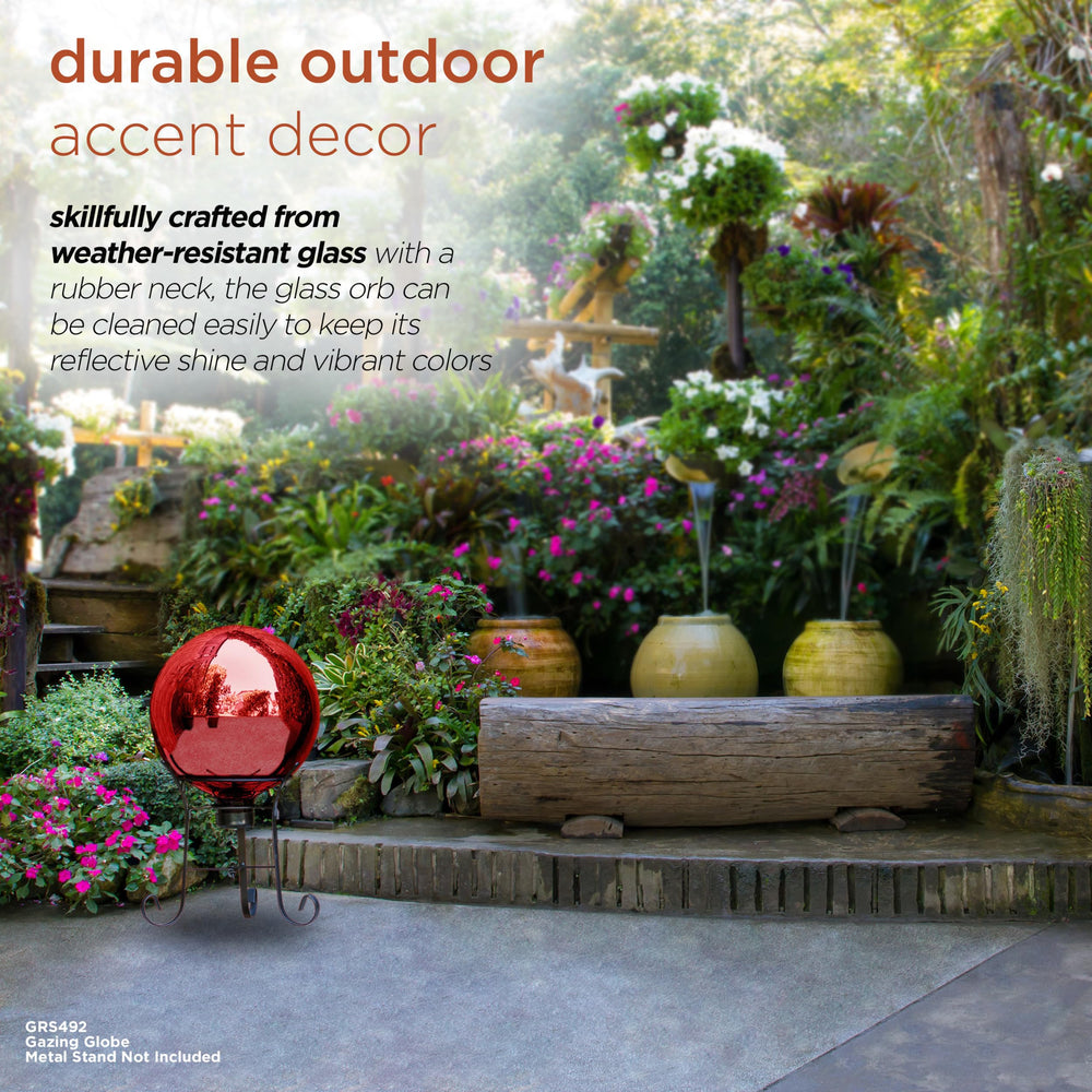Alpine Corporation globe on metal stand styled on a patio for focal interest