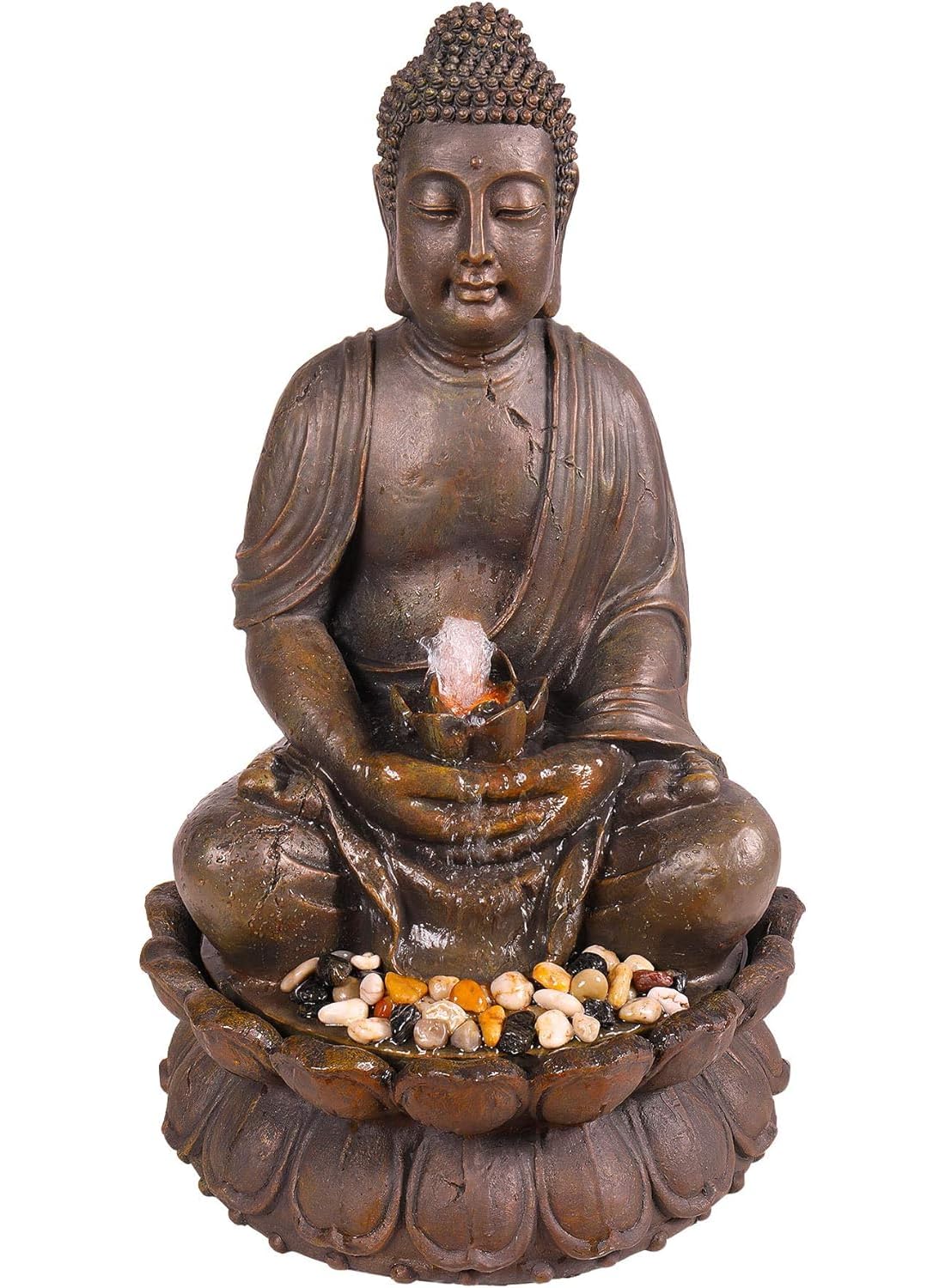 Alpine Corporation Buddha fountain front view showing bronze finish for serene focal point