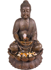 Alpine Corporation Buddha fountain front view showing bronze finish for serene focal point