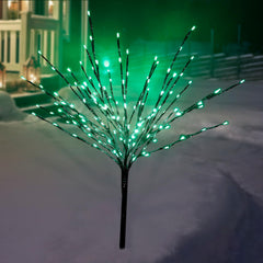 Alpine Corporation front view of tree stake showing green LEDs and metallic finish for eye-catching curb appeal