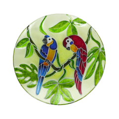 Alpine Corporation front view of painted parrot birdbath showing colorful design and shape