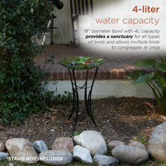 Alpine Corporation birdbath installed on metal stand to create elevated garden focal point