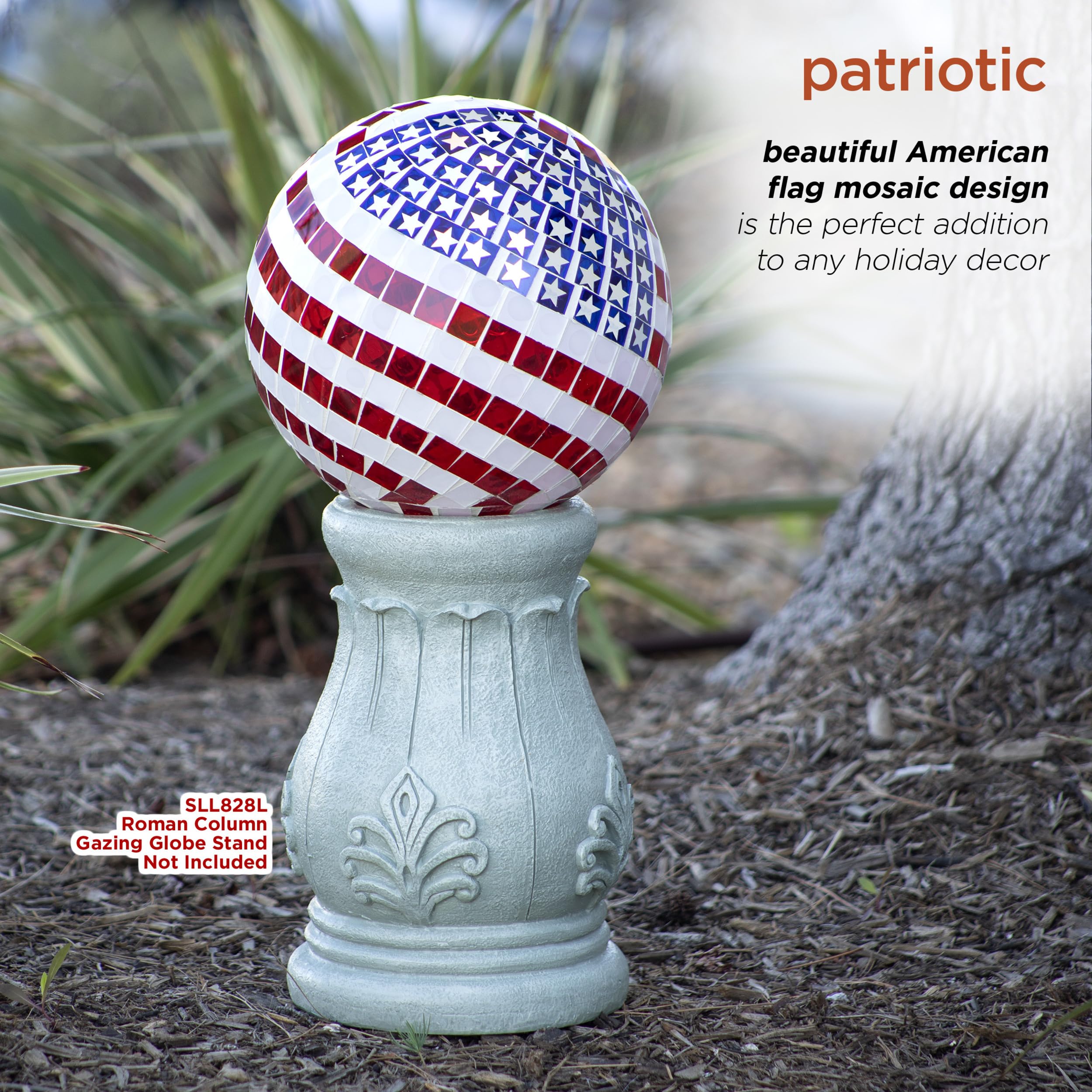Alpine Corporation globe displayed on metal stand adding stable porch decoration