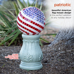 Alpine Corporation globe displayed on metal stand adding stable porch decoration