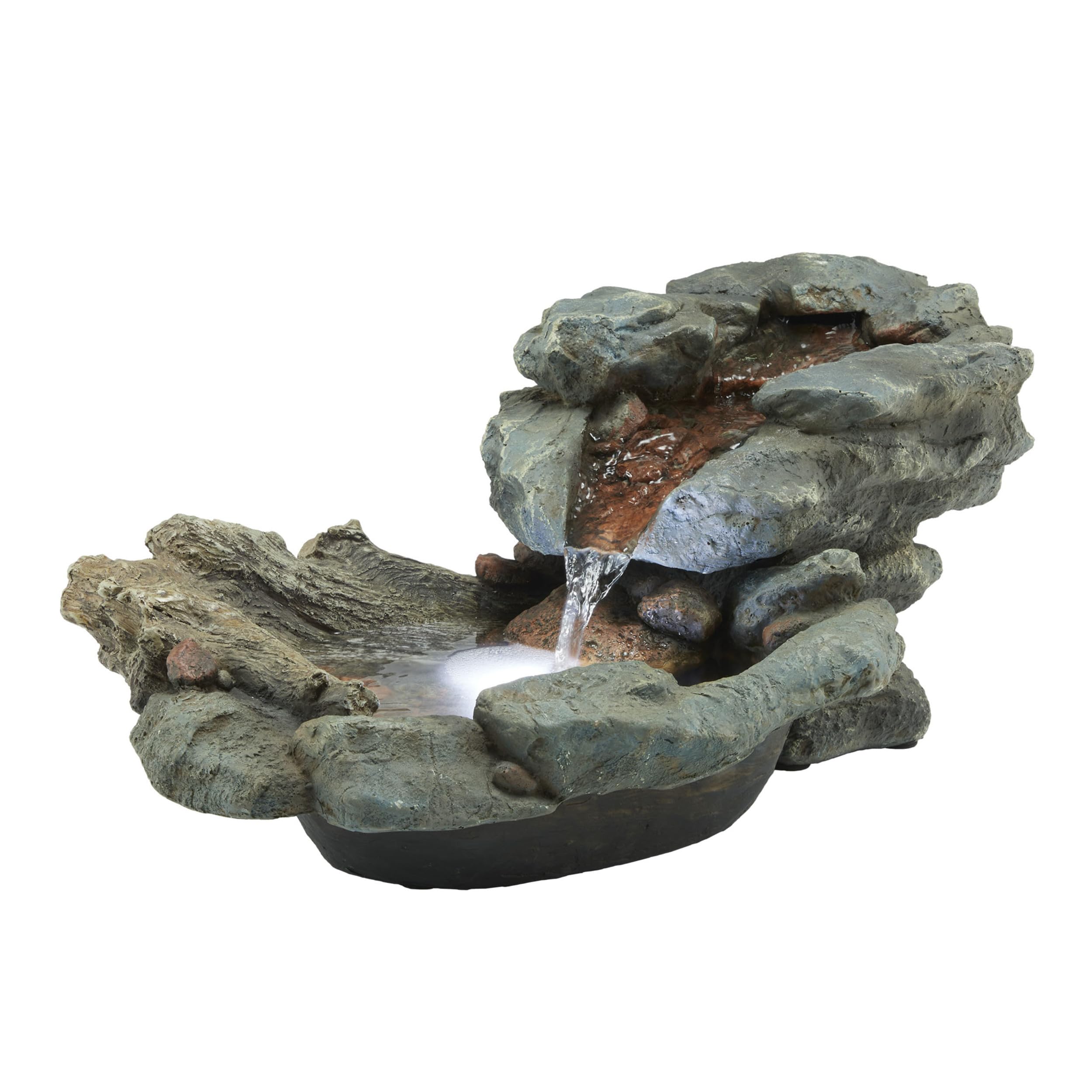 Alpine Corporation next to chair for scale showing the fountains 20-inch compact footprint