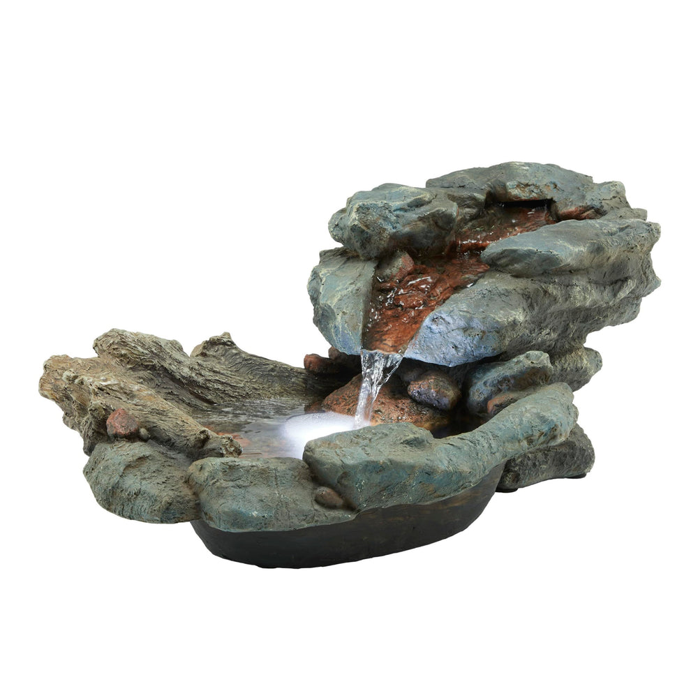 Alpine Corporation next to chair for scale showing the fountains 20-inch compact footprint