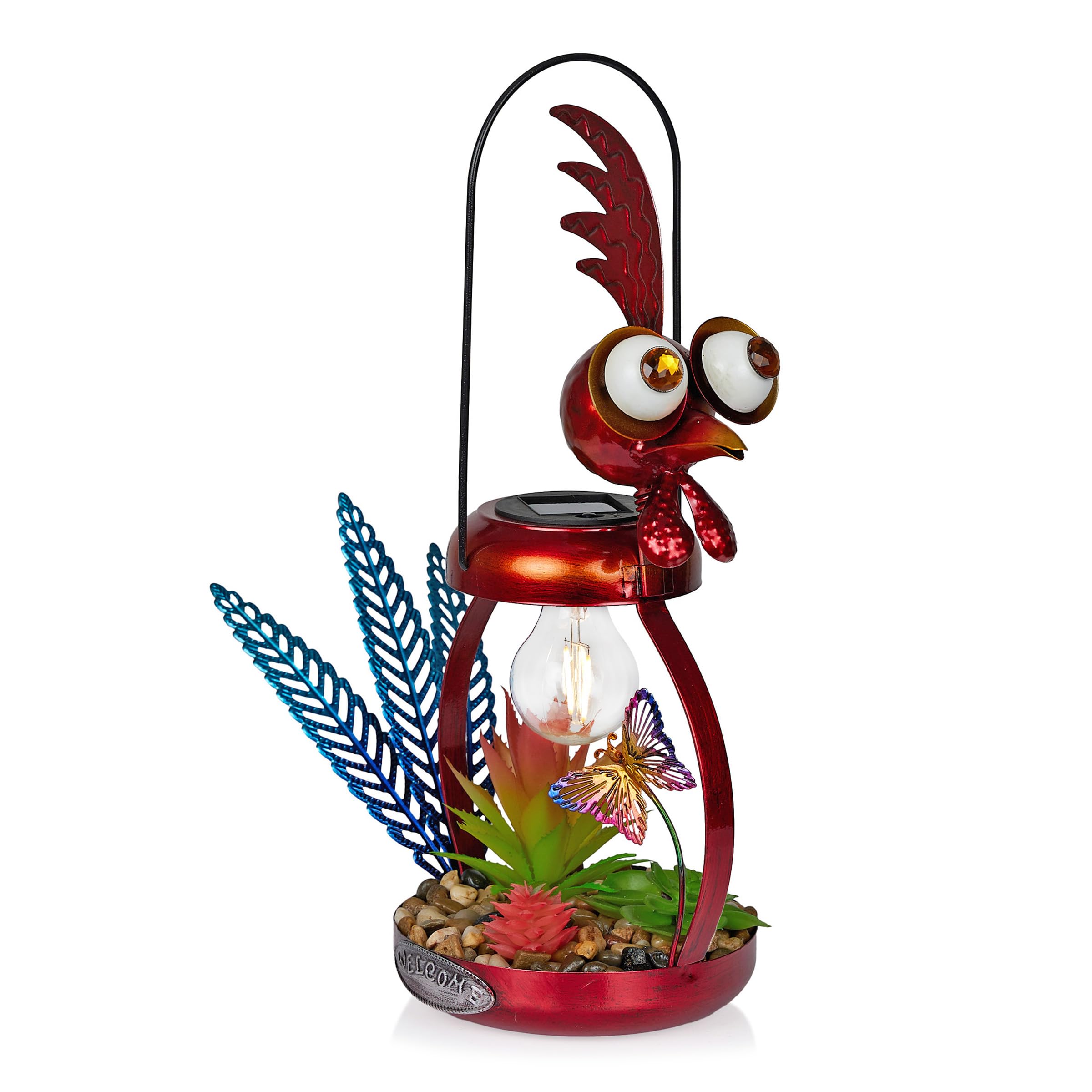Alpine Corporation rooster front view showing red finish and LED glow benefit