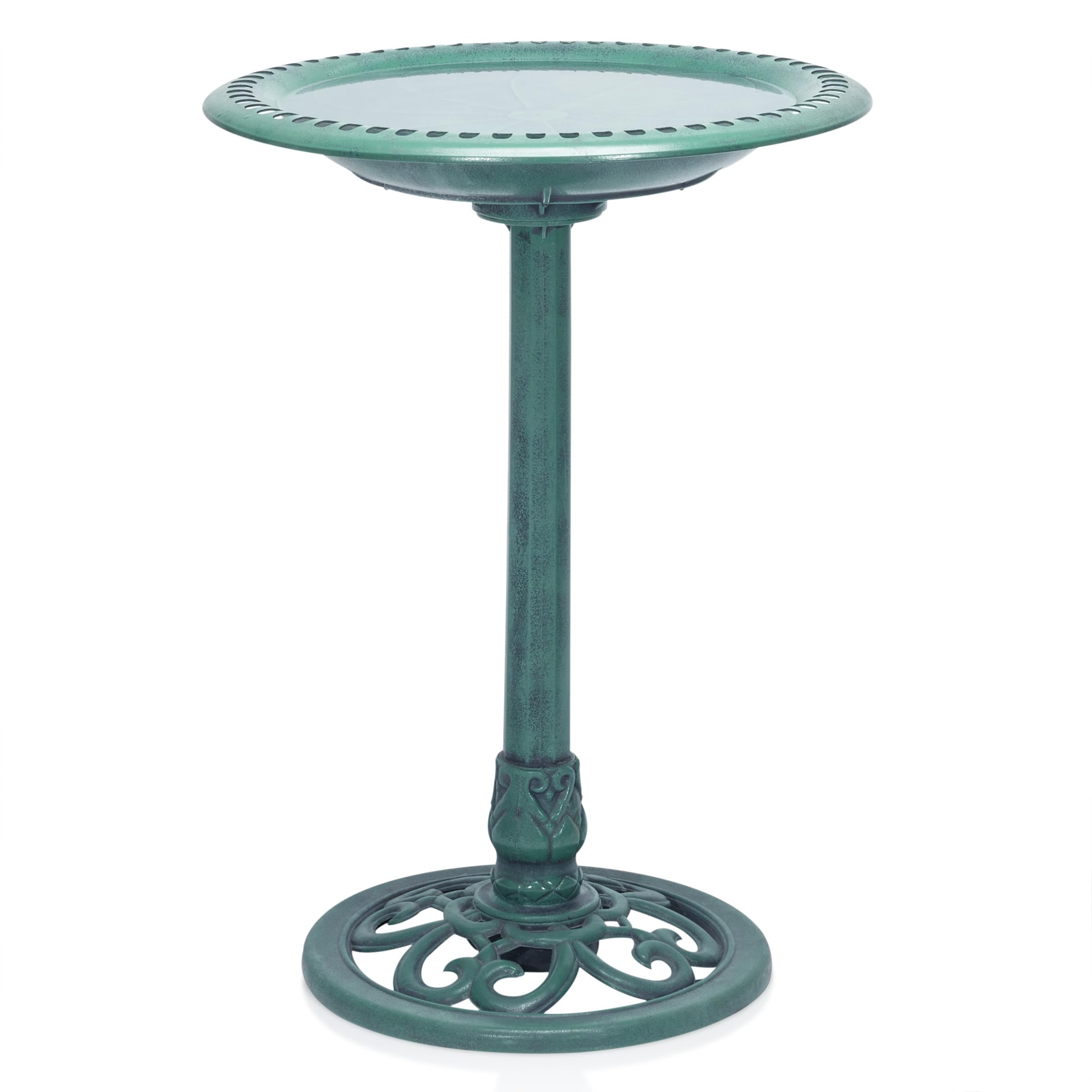 Alpine Corporation front view aged green birdbath showing elegant garden focal point