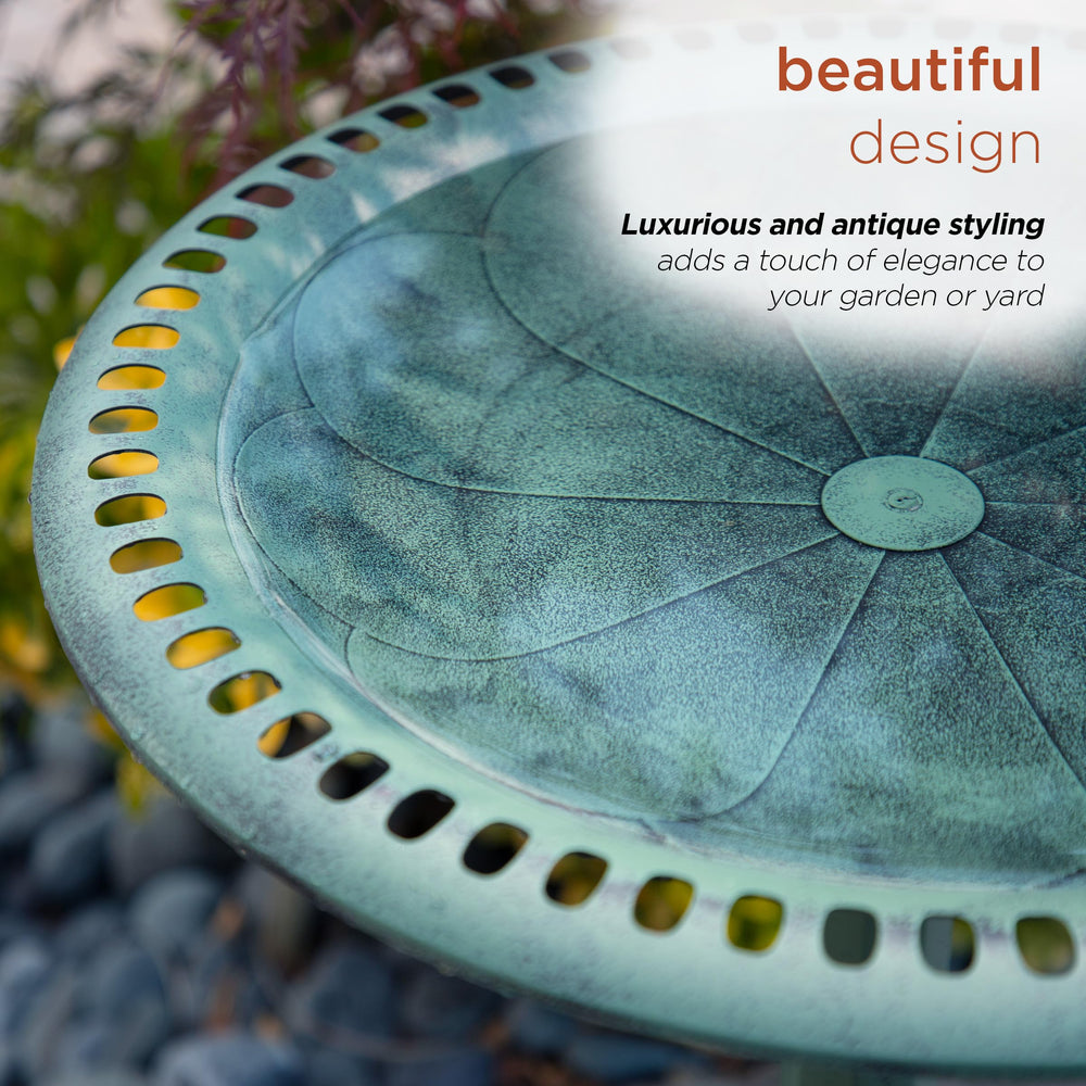 Alpine Corporation birdbath in garden lifestyle setting improves outdoor ambiance