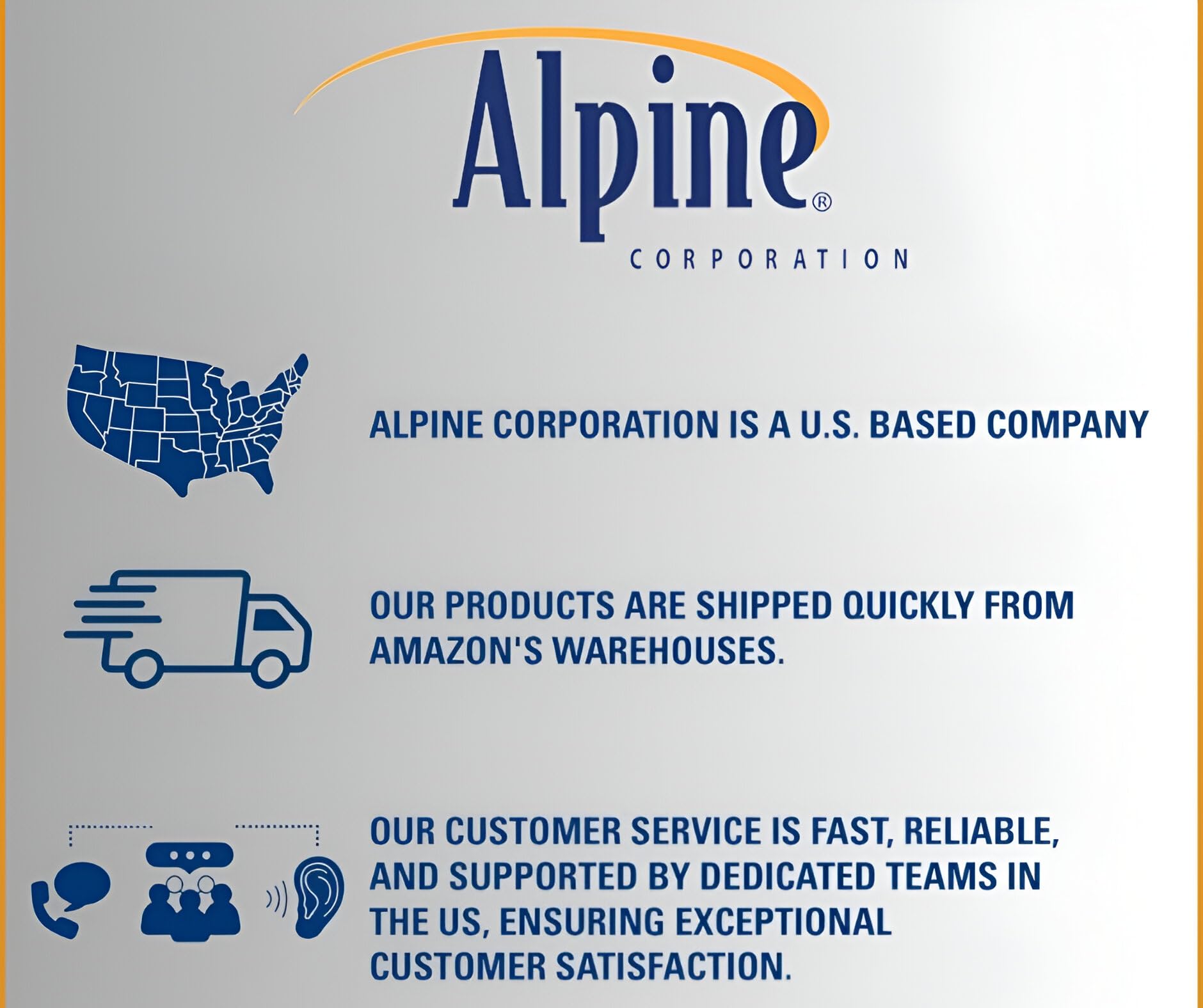 Alpine Corporation packaging and label closeup shows model and warranty details