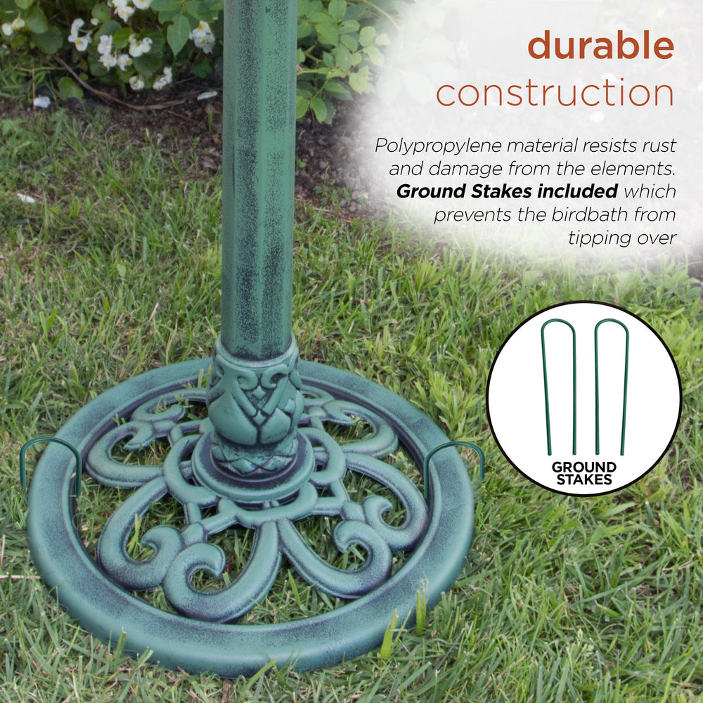 Alpine Corporation birdbath with small birds using bath encourages frequent visits