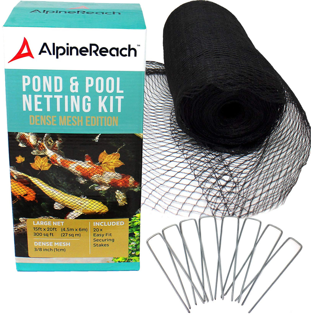 AlpineReach front view of pond net kit showing cover and staples protecting pond