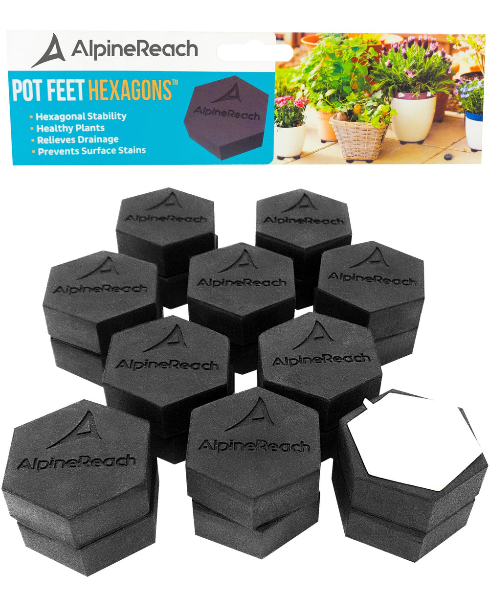 AlpineReach front packaging showing 20-pack pot feet and adhesive pads for protection