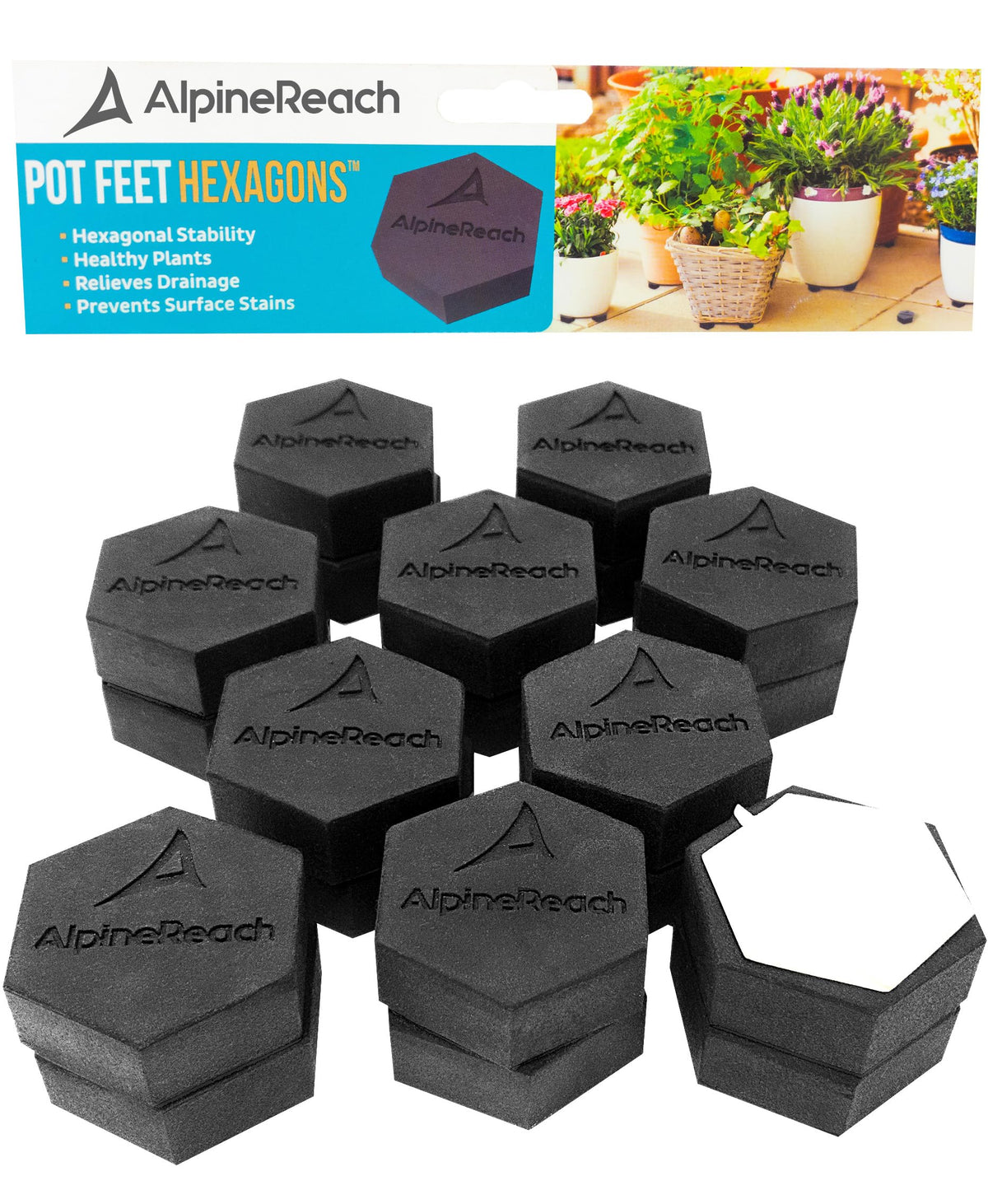 AlpineReach front packaging showing 20-pack pot feet and adhesive pads for protection