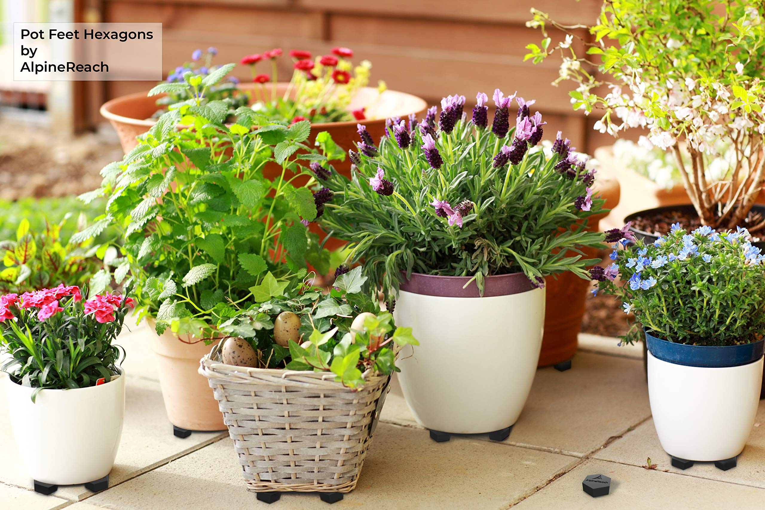 AlpineReach pot feet placed under ceramic planter showing improved drainage