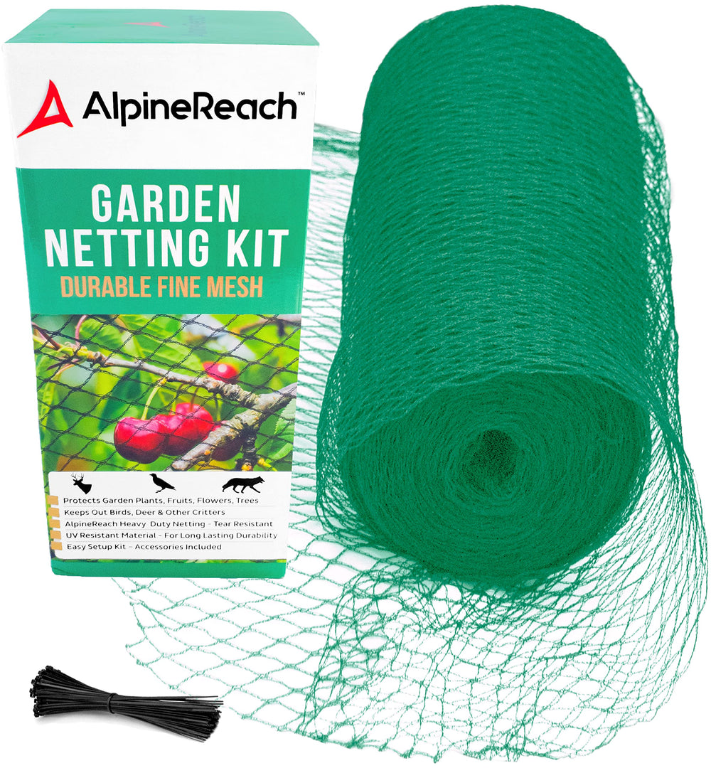 AlpineReach empaque frontal mostrando tamaño y uso, protege plantas fácilmente