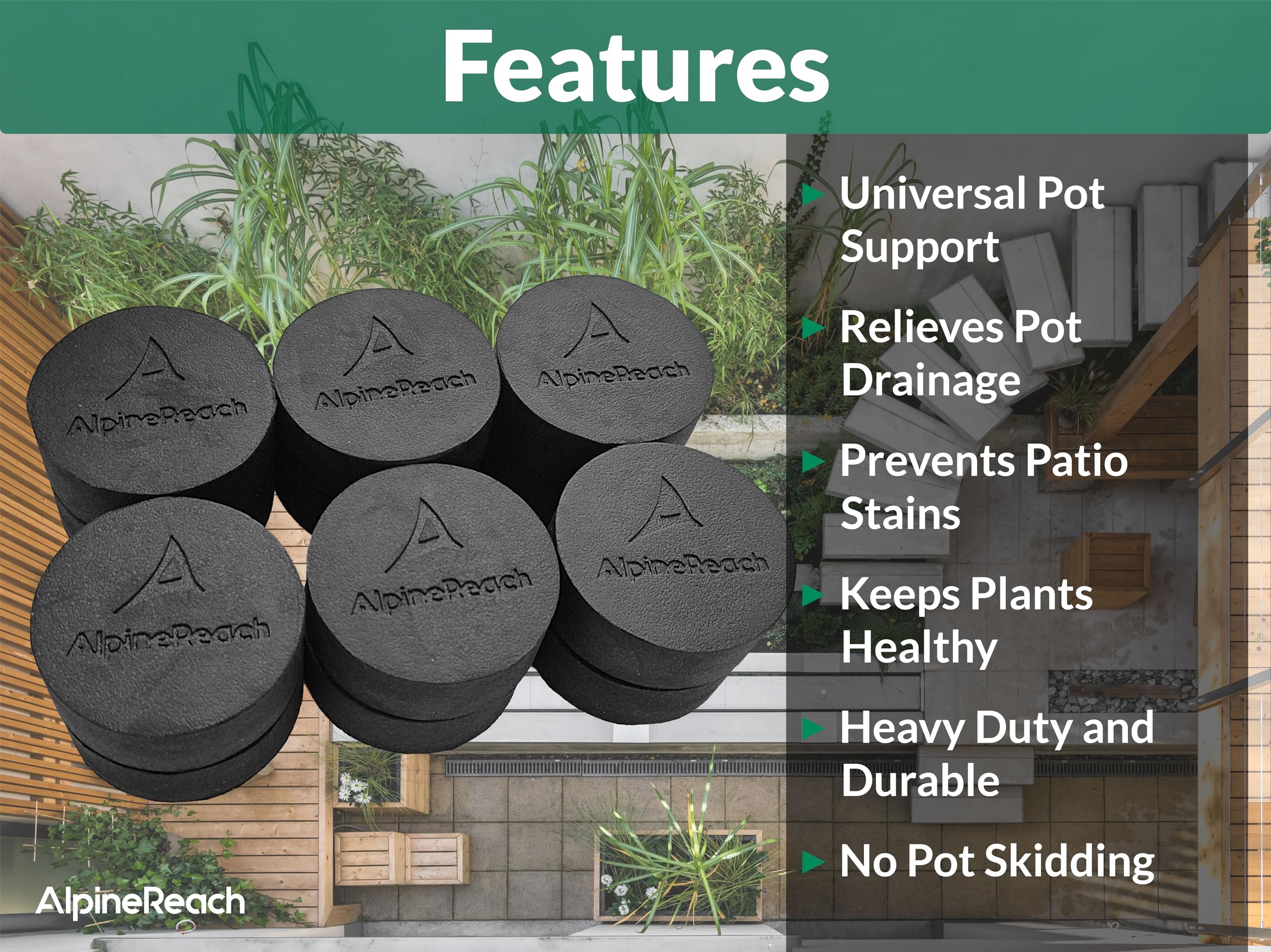 AlpineReach risers on patio under planters prevent stains and ease cleaning