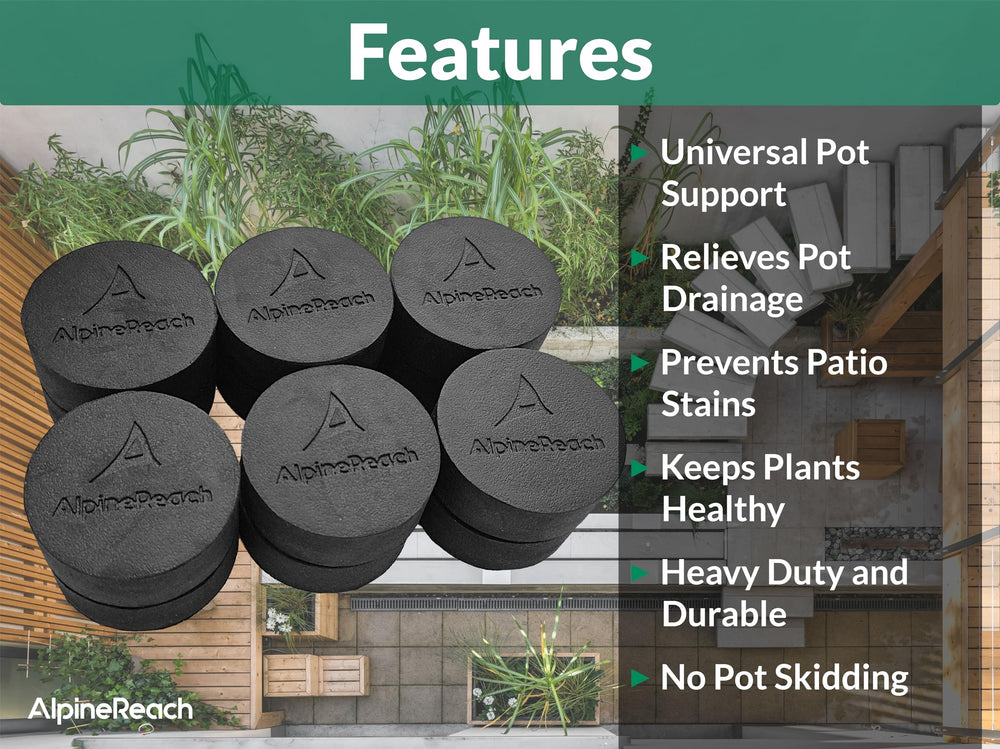 AlpineReach risers on patio under planters prevent stains and ease cleaning