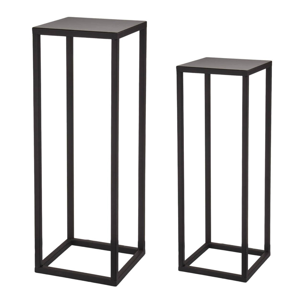 ALPOME front view of two black pedestal stands showing modern display benefit