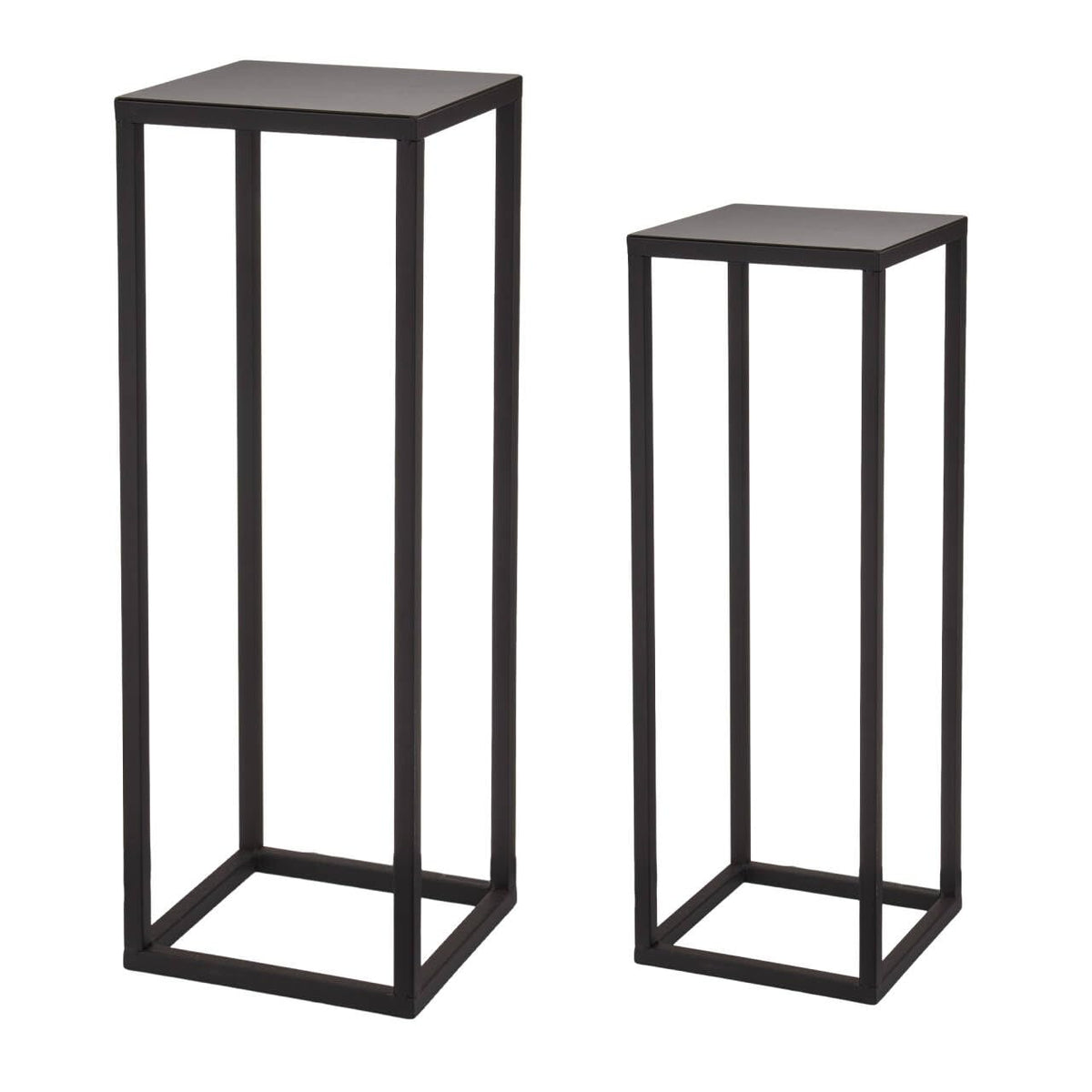 ALPOME front view of two black pedestal stands showing modern display benefit