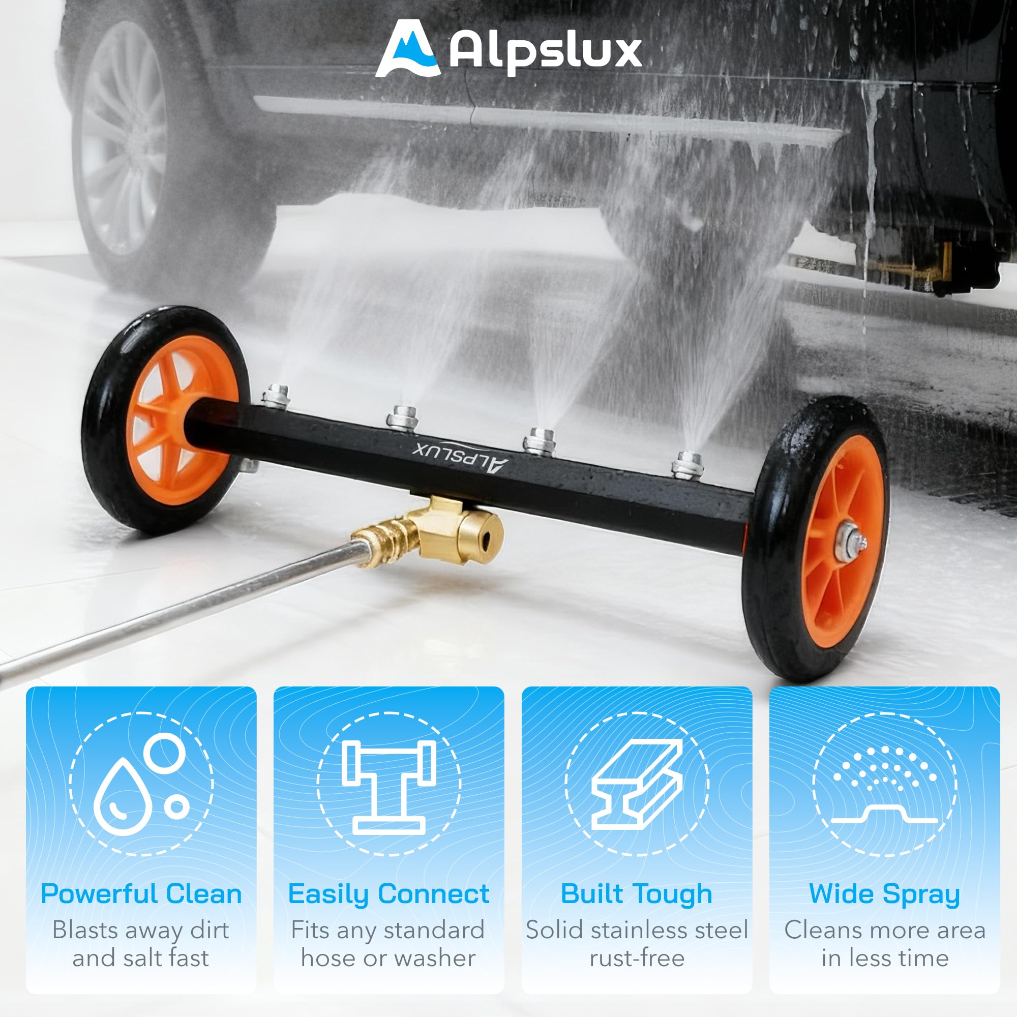 alpslux close-up of nozzles and wheels highlighting durable construction and precise spray action