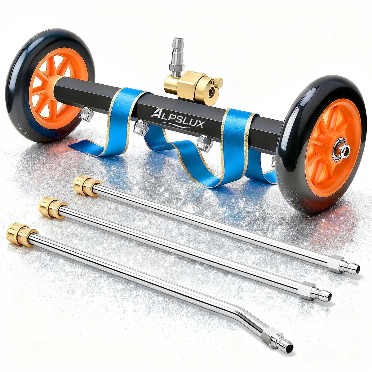 alpslux front view of undercarriage cleaner showing wide water broom head and benefits of fast chassis cleaning