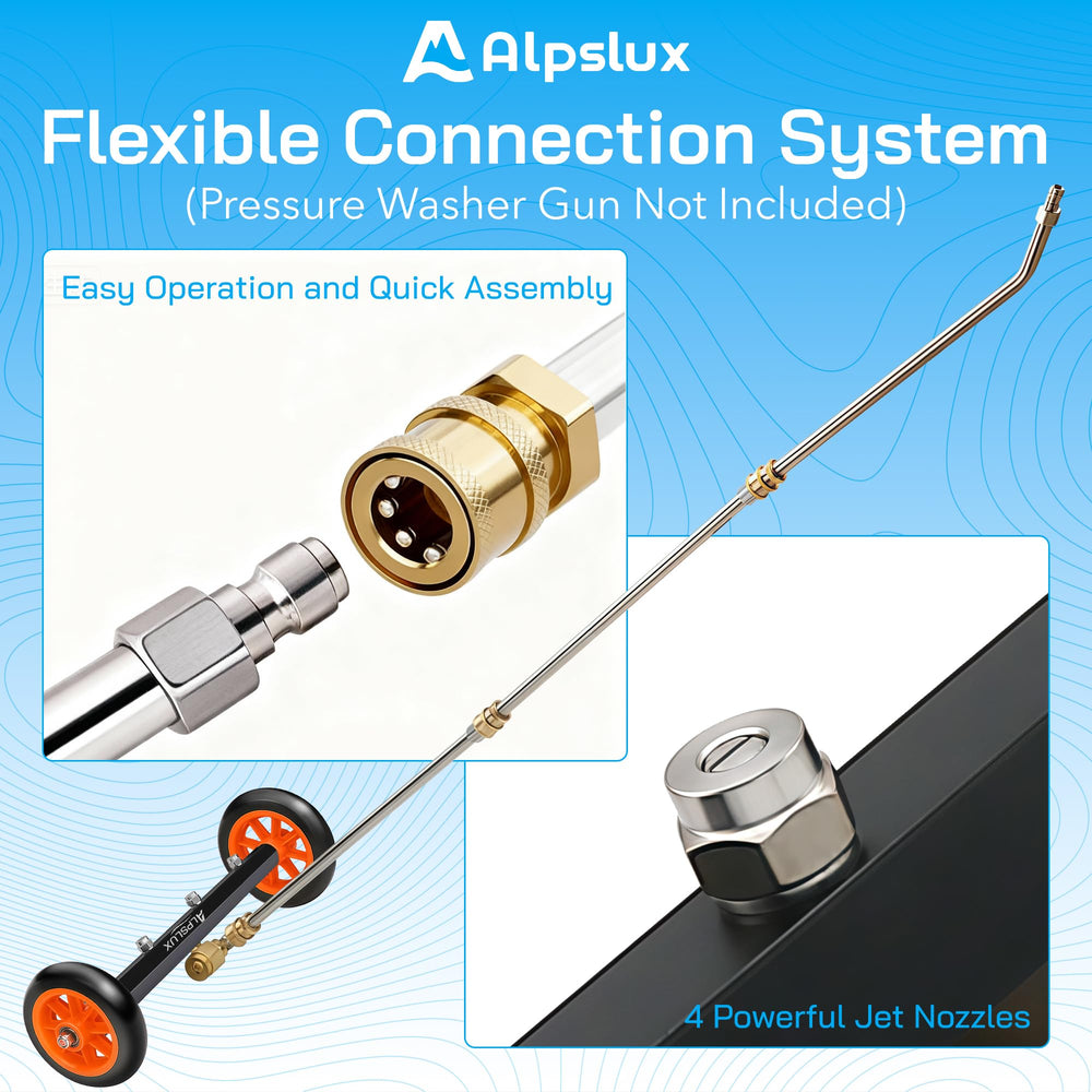 alpslux cleaner beside car tire to show scale and low-profile advantage for tight clearance