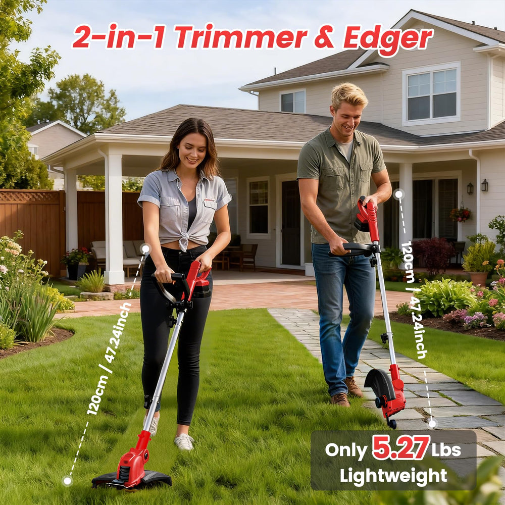 ALSO GO trimmer positioned by garden bed showing precise edging capability