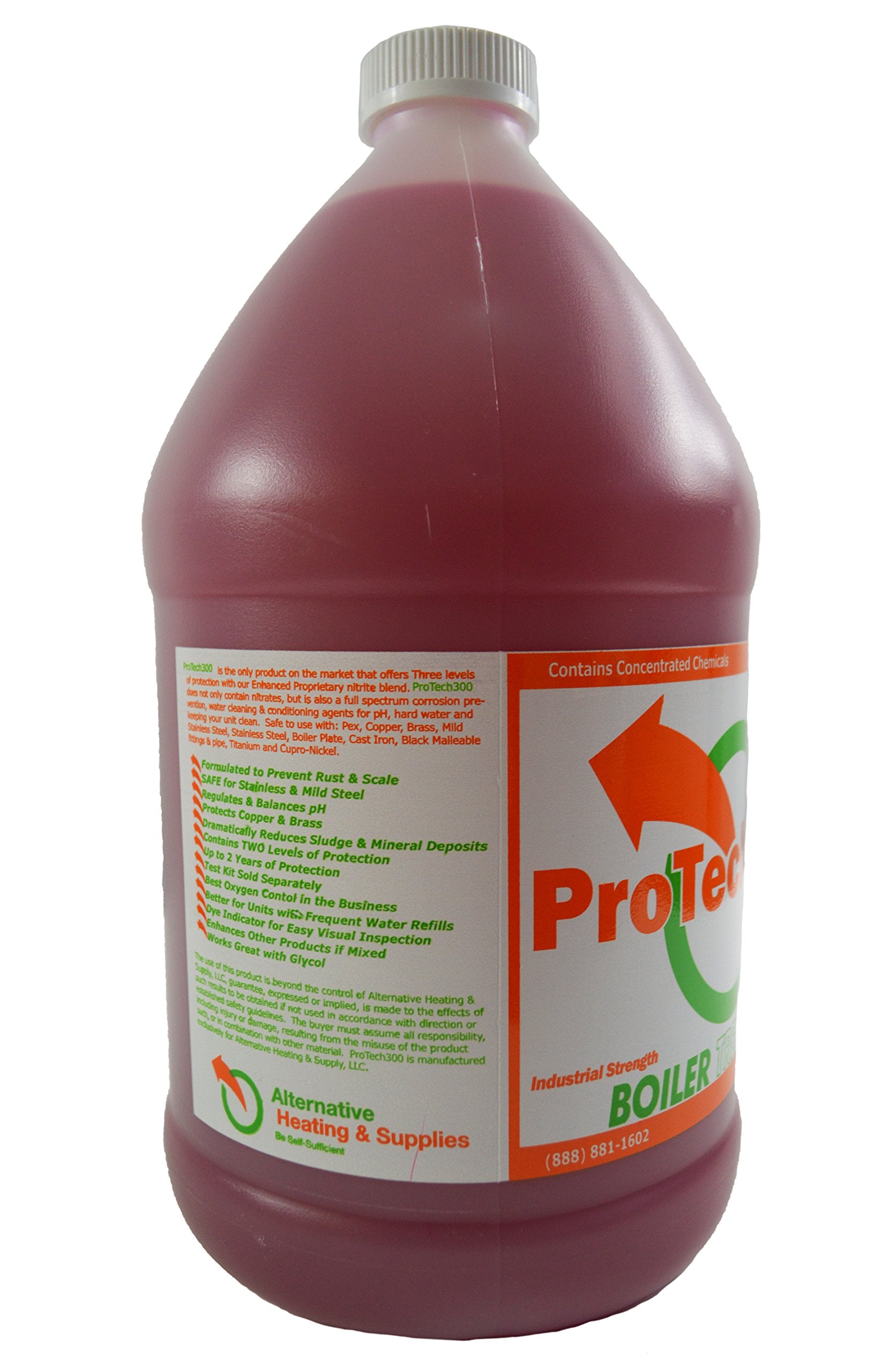 Alternative Heating & Supplies ProTech 300 packaging displayed with a one-gallon size comparison