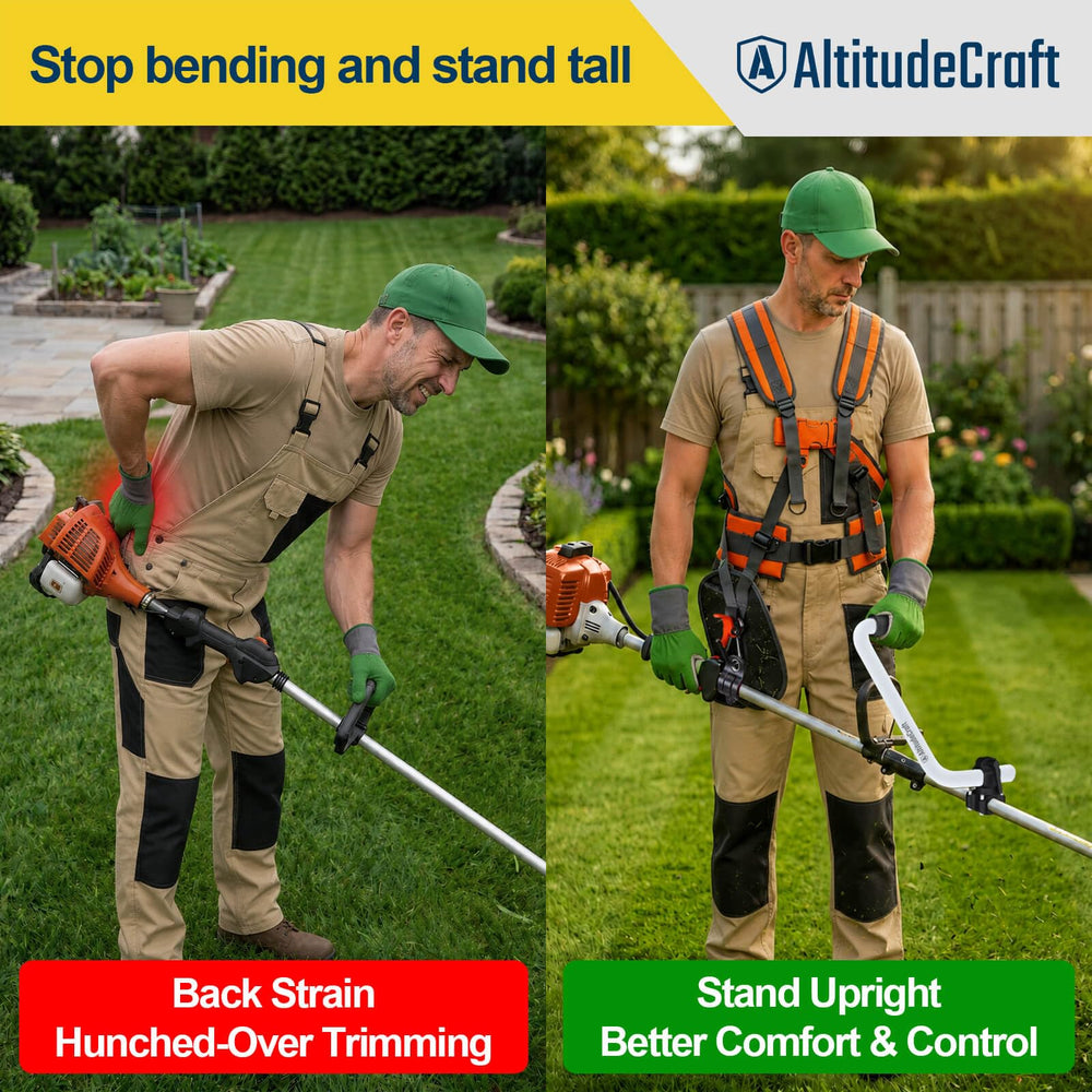 AltitudeCraft harness worn by gardener demonstrating reduced shoulder strain