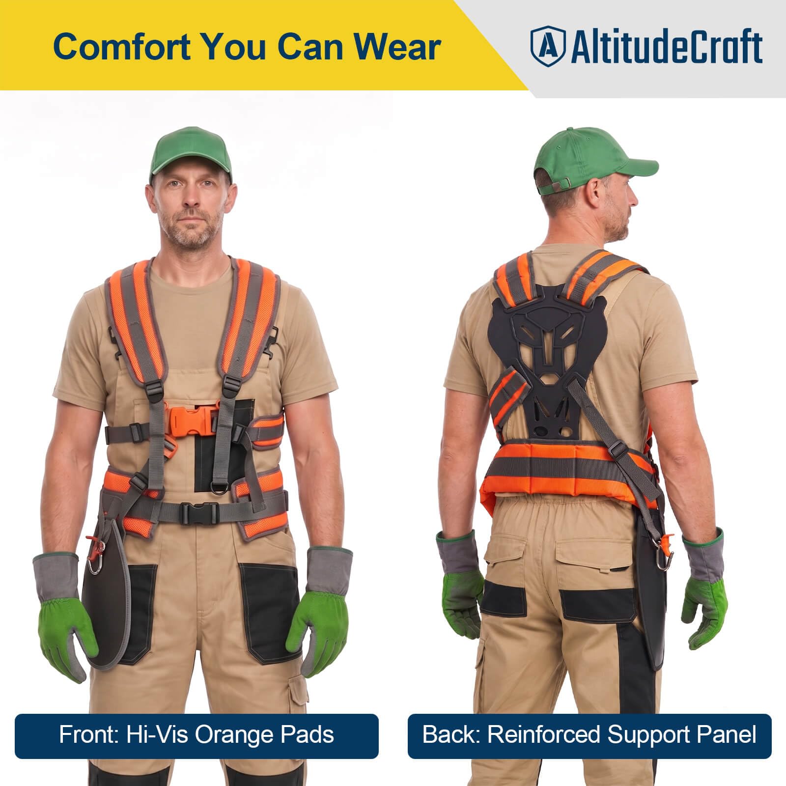 AltitudeCraft on user trimming lawn illustrating reduced arm fatigue