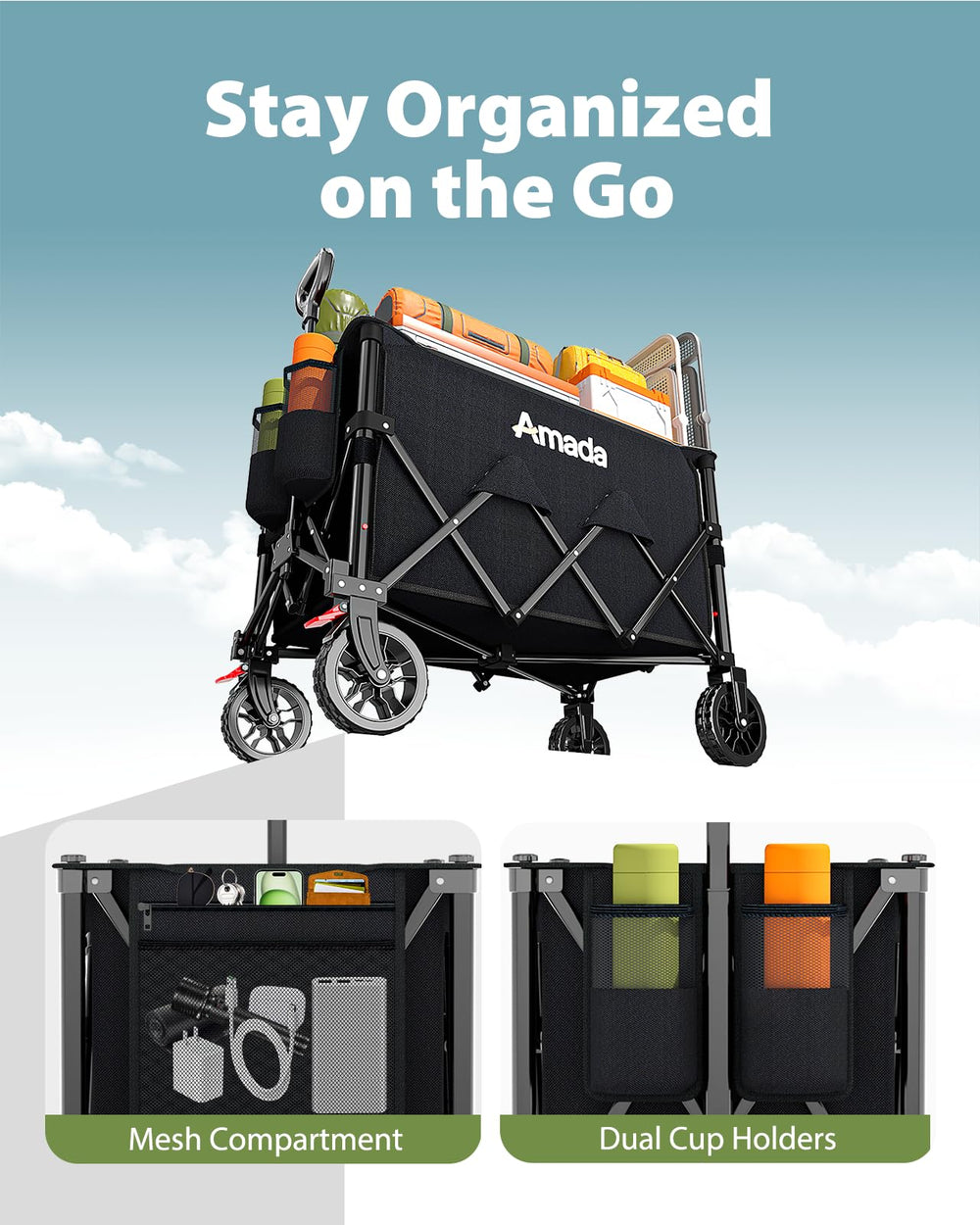 AMADA HOMEFURNISHING wagon loaded with groceries showing heavy-load capacity benefit