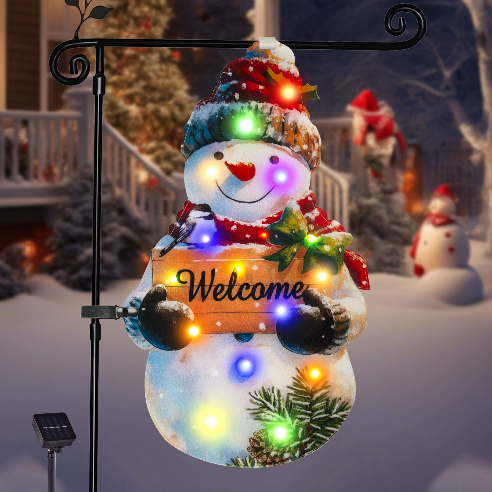 amadecohome front view flag showing festive snowman and multicolor design for curb appeal