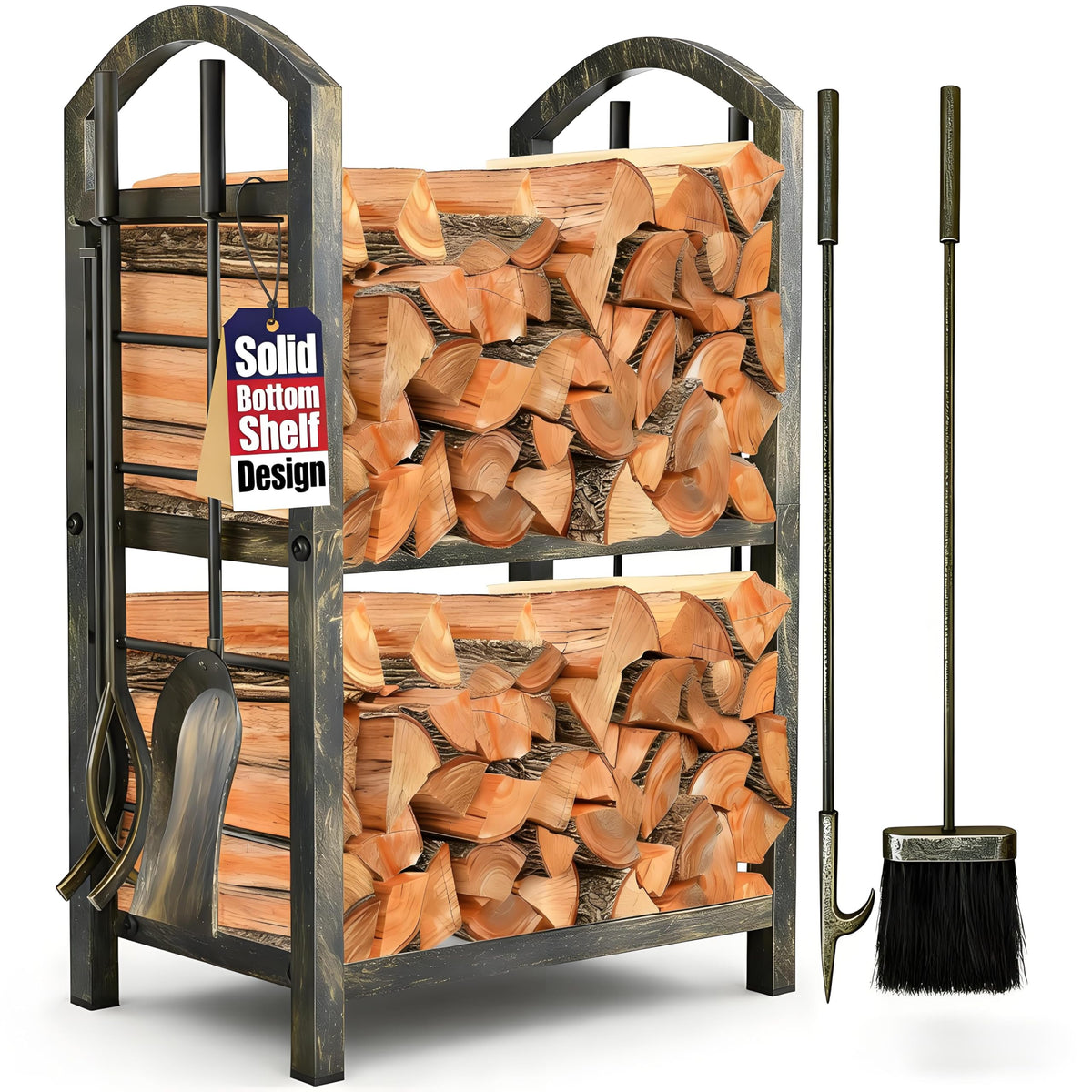 AMAGABELI front view of bronze firewood rack showing organized storage and durability