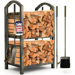 AMAGABELI front view of bronze firewood rack showing organized storage and durability