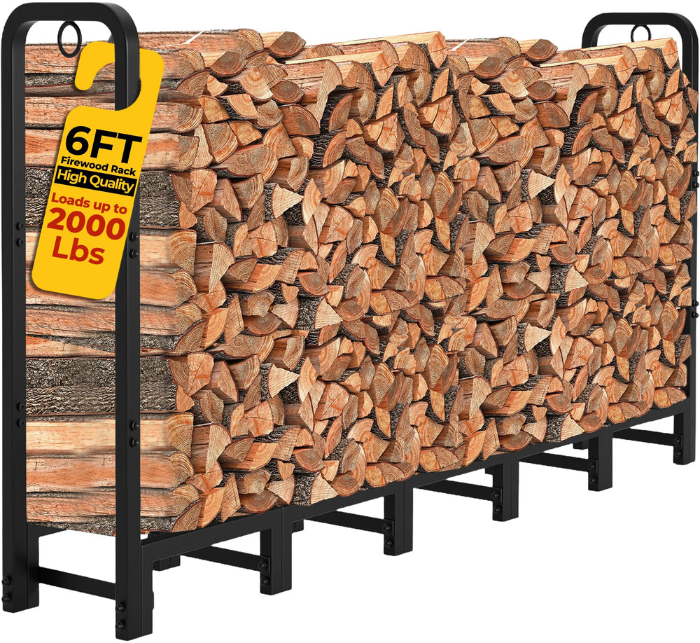 Amagabeli front view of 6ft firewood rack showing organized storage benefit
