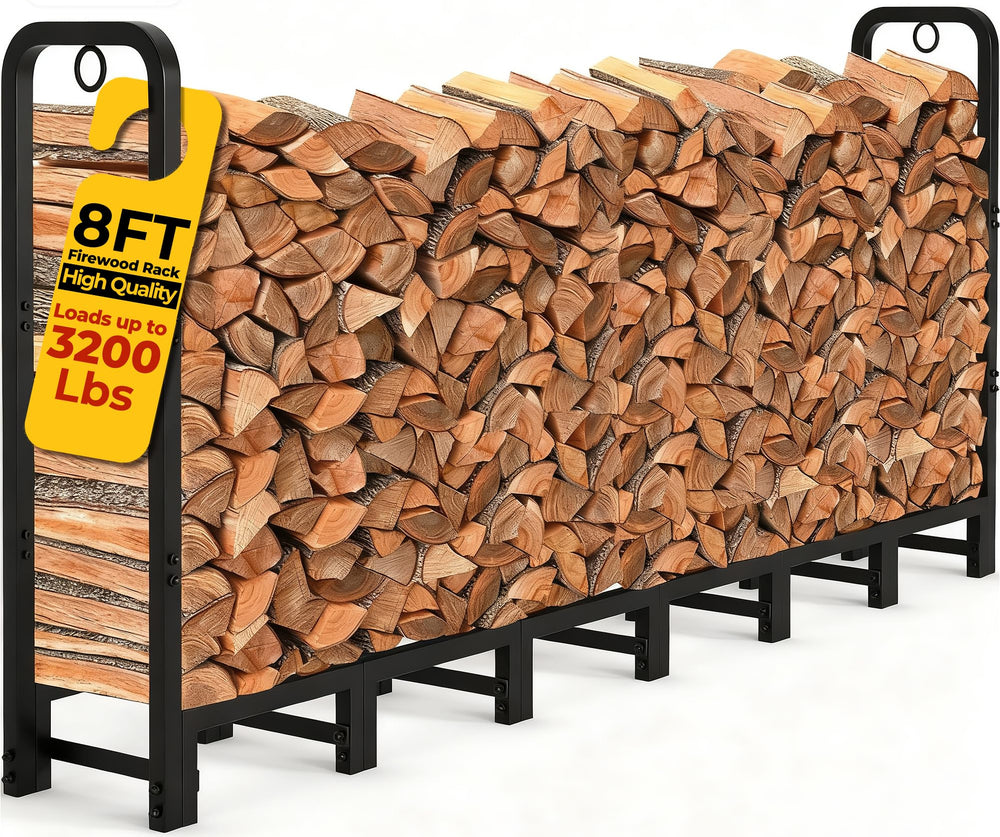 Amagabeli front view of 8ft log rack organized wood storage benefit