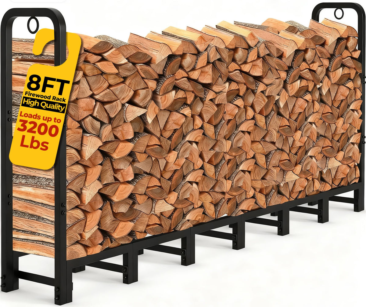 Amagabeli front view of 8ft log rack organized wood storage benefit