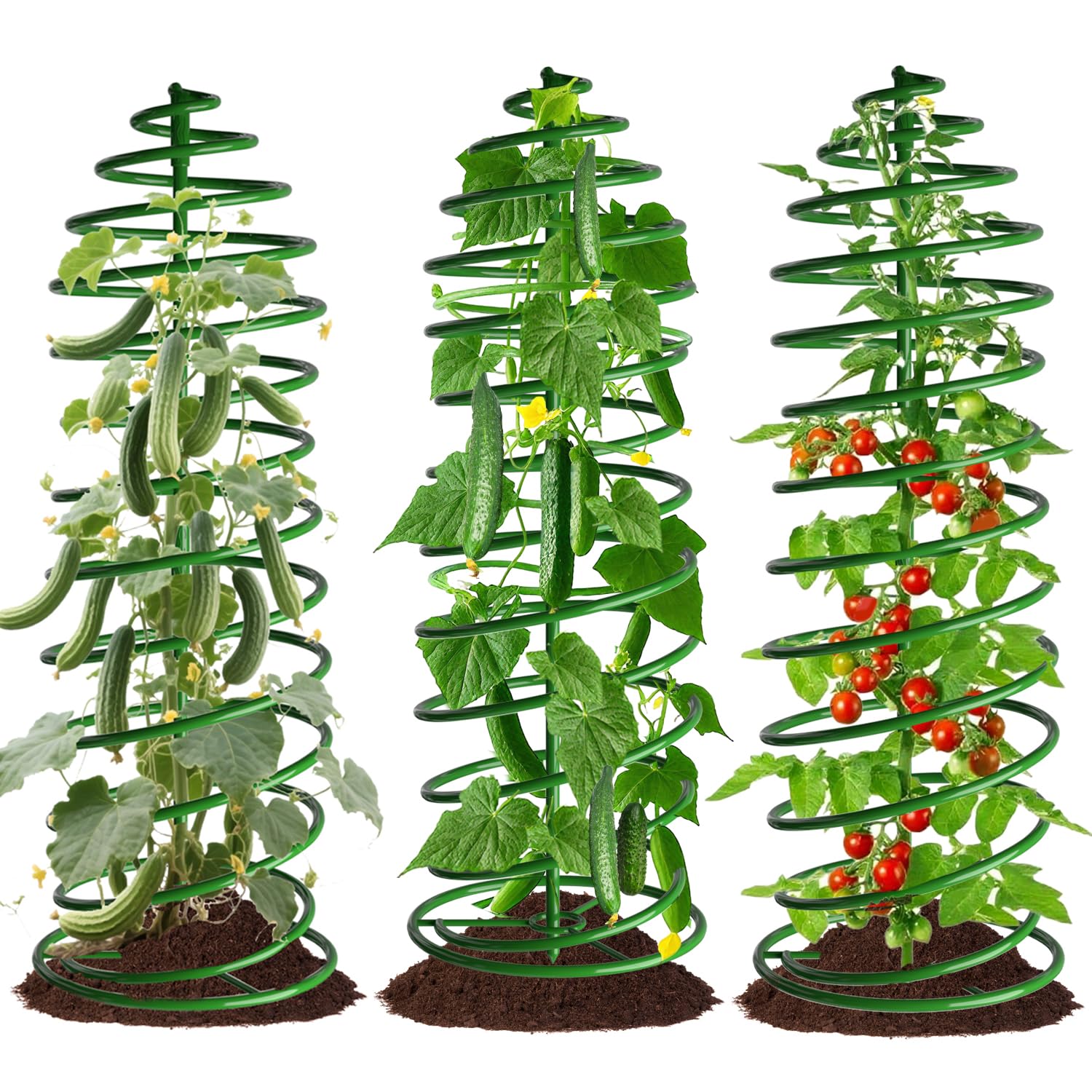 AMAGABELI front view of three 42-inch tomato cages showing compact design and balance
