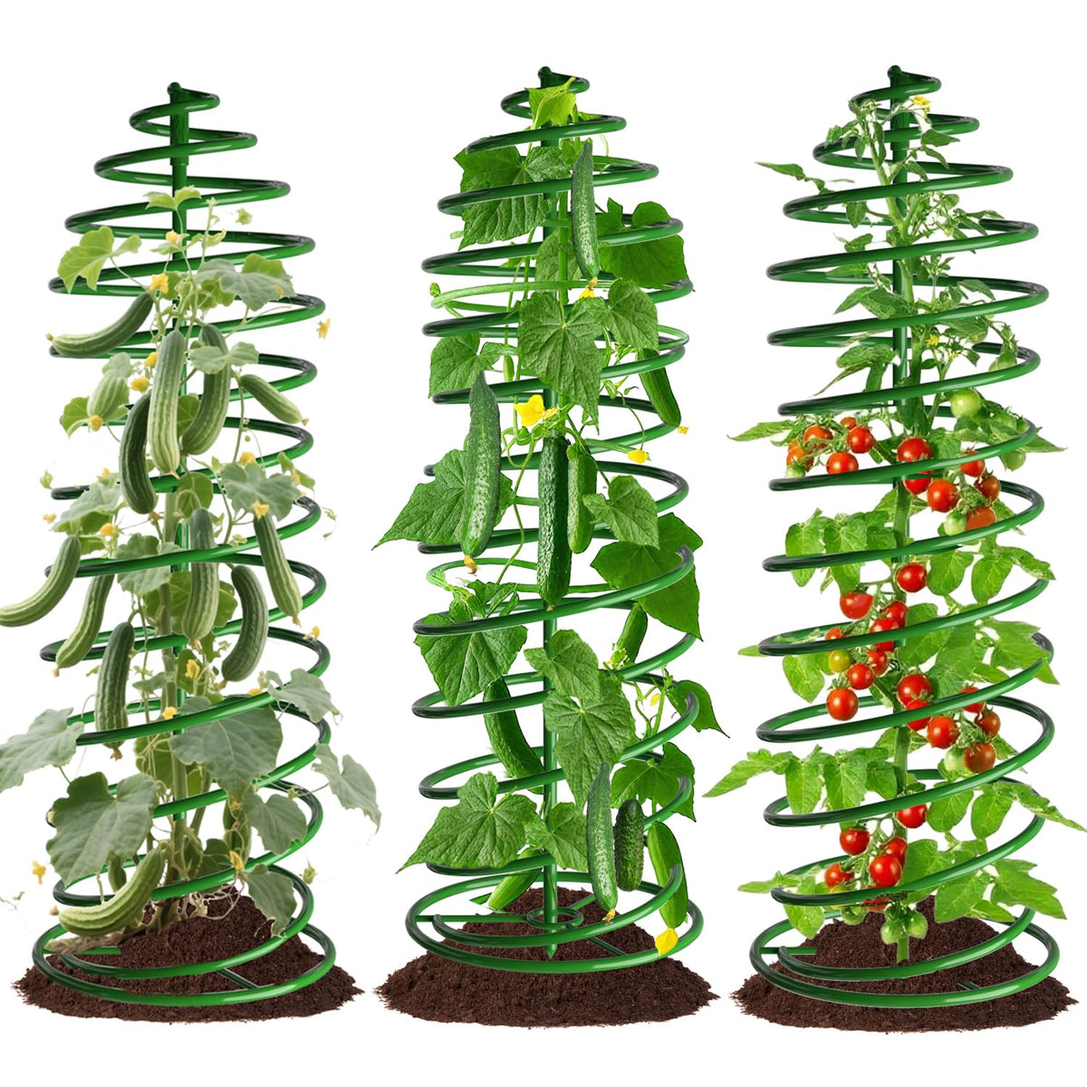 AMAGABELI front view of three 42-inch tomato cages showing compact design and balance